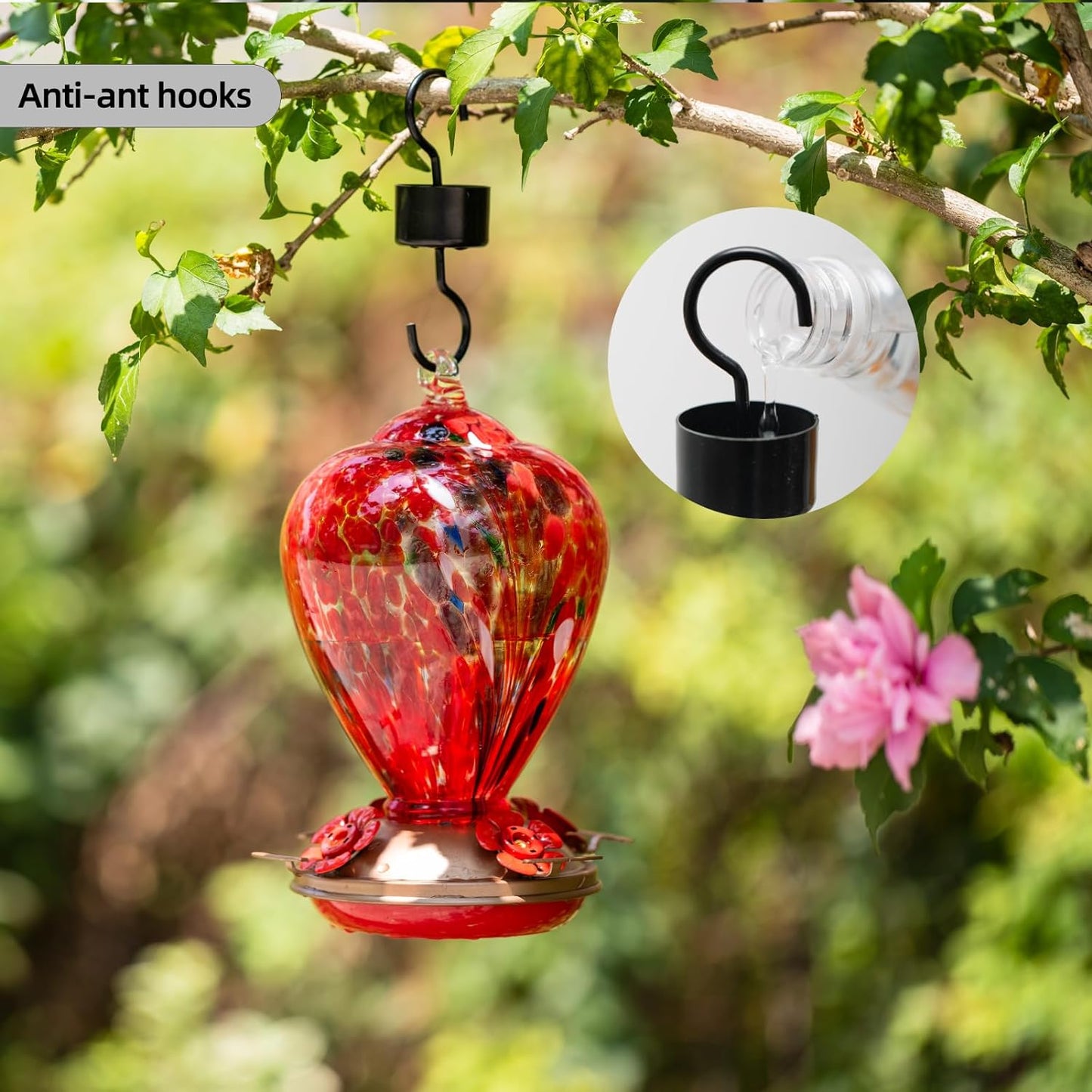 2 Packs Hummingbird Feeder for Outdoors Hanging Ant and Bee Proof, 34OZ Hand Blown Glass Hummingbird Feeders for Outside, Christmas Decoration Gifts for Mom (Blue & Red)