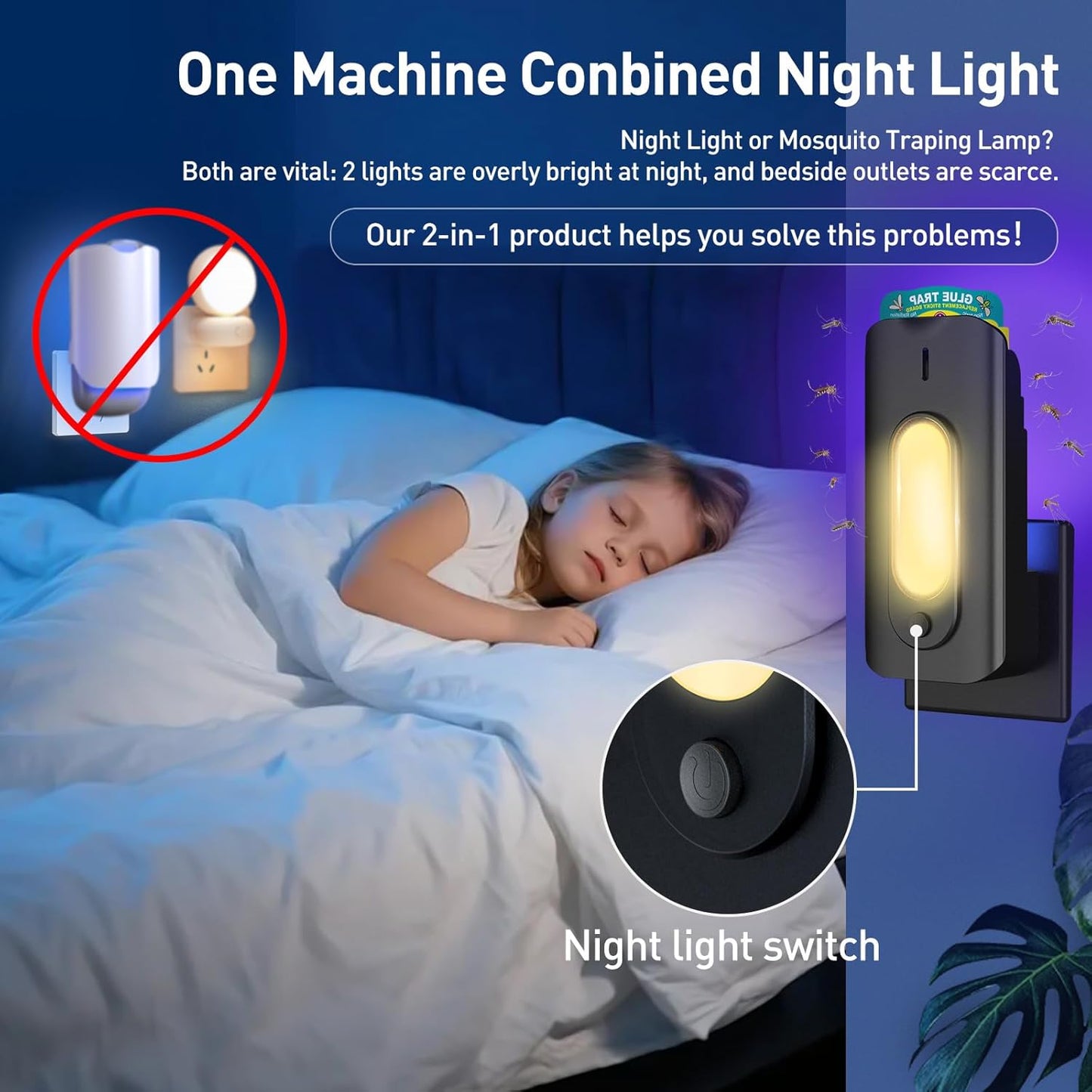 Fruit Fly Trap for Indoors-2PCS, 2 in 1 Fly Trap Indoor with Night Light for Home with 20 Refills, Gnat Traps for House Indoor, Plug-in Insect Trap for Gnats, Flies, Moths-Black