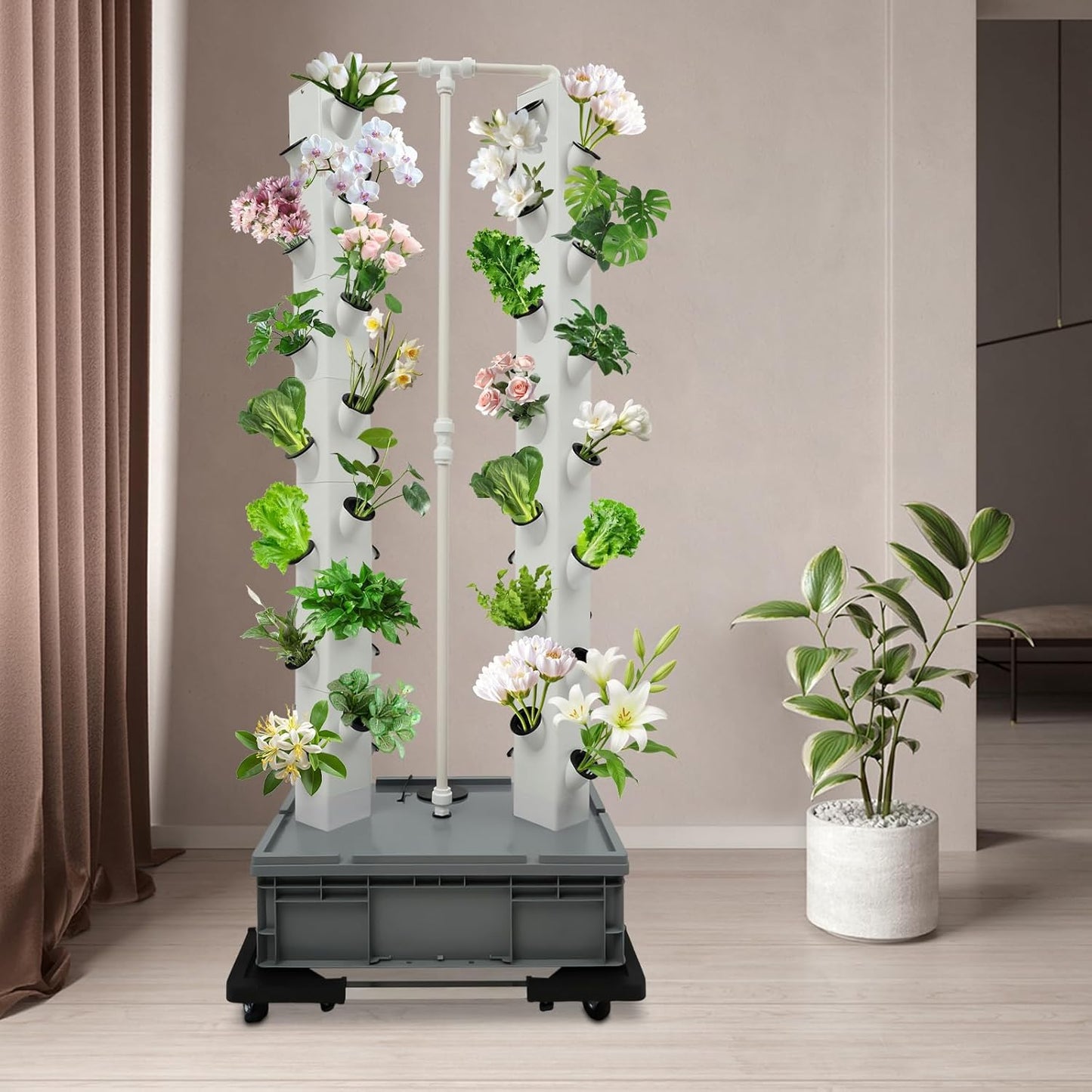 Hydroponic Growing System Indoor Outdoor, 56-Plant Vertical Garden Planter Germination Kit, Hydroponics Growing Tower, Smart Garden Vegetable Plant Kit with Pump & Wheels, Grey Base