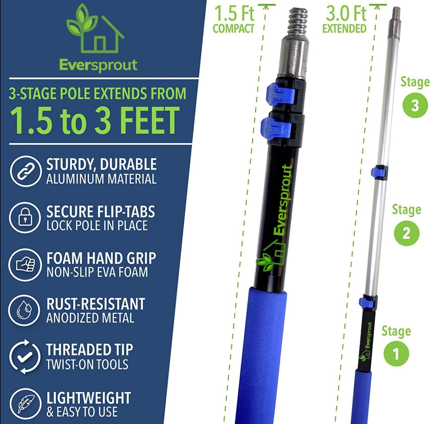 EVERSPROUT 1.5-3ft Durable Fruit Picker with 10+ Foot Reach – Telescoping Fruit Picker Pole, Lightweight Twist-On Fruit Picking Tool with Basket, Aluminium Extension Pole for Tree Fruit Harvesting