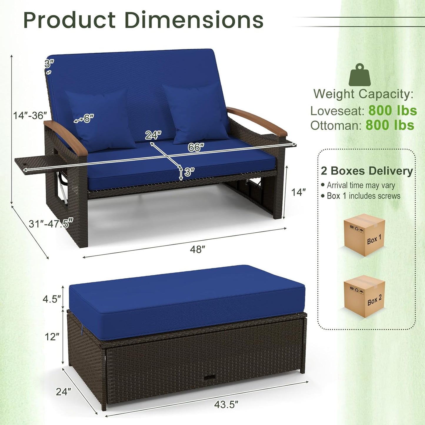 Tangkula Patio Rattan Daybed Set with Cushioned Loveseat and Storage Ottoman, Outdoor Double Chaise Lounger with 4-Level Adjustable Backrest and Retractable Side Trays for Backyard (Navy)
