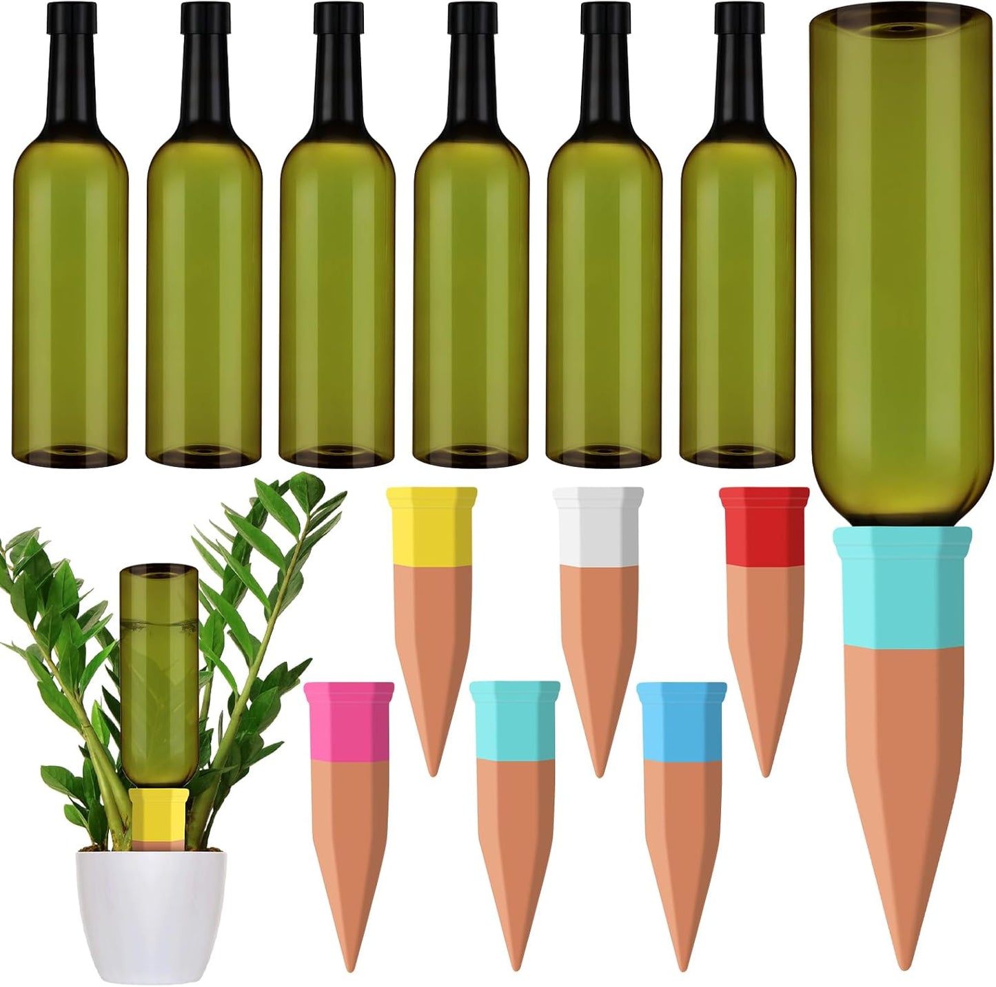 12 Pack Plant Watering Devices Include 6 Terracotta Self Watering Spikes and 6 Pcs 26 oz Plastic Bottles, Slow Release Vacation Insert Automatic Plant Waterer Device (Mixed Colors)