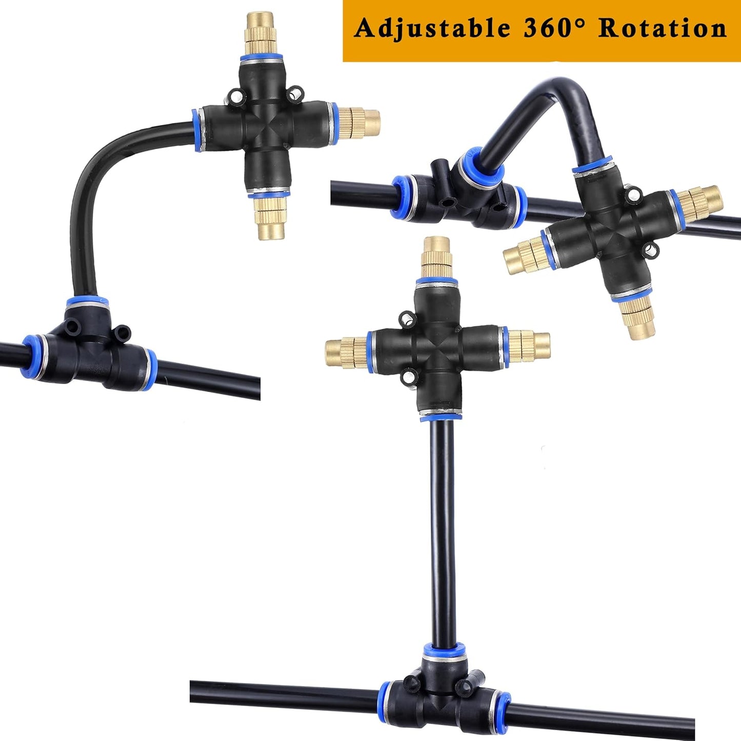 Mornajina 3Packs 3 Way Brass Misting Nozzles Tee with 13inch Built in Hose for Outdoor Cooling System, Adjustable 360° Rotation, Water Mister Nozzles Thread Sprayer 0.043" (1.1 mm)