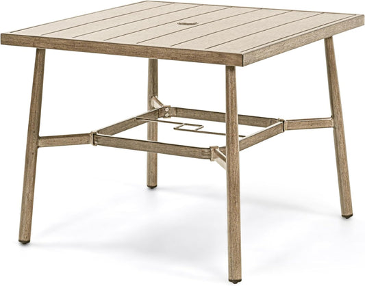 HAPPATIO Patio Table for 4, Modern Square Outdoor Dining Table with Umbrella Hole and Adjustable Feet, All Weather Aluminum Patio Table for Garden, Backyard and Poolside, Brown