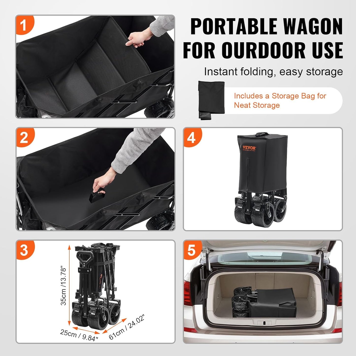 VEVOR 350LBS Collapsible Folding Outdoor Utility Wagon, 150L Heavy Duty Foldable Wagon Cart for Grocery Camping, Portable Utility Beach Wagon with Big Wheels for Garden Sports 35 x 21.3 x 42.5 in