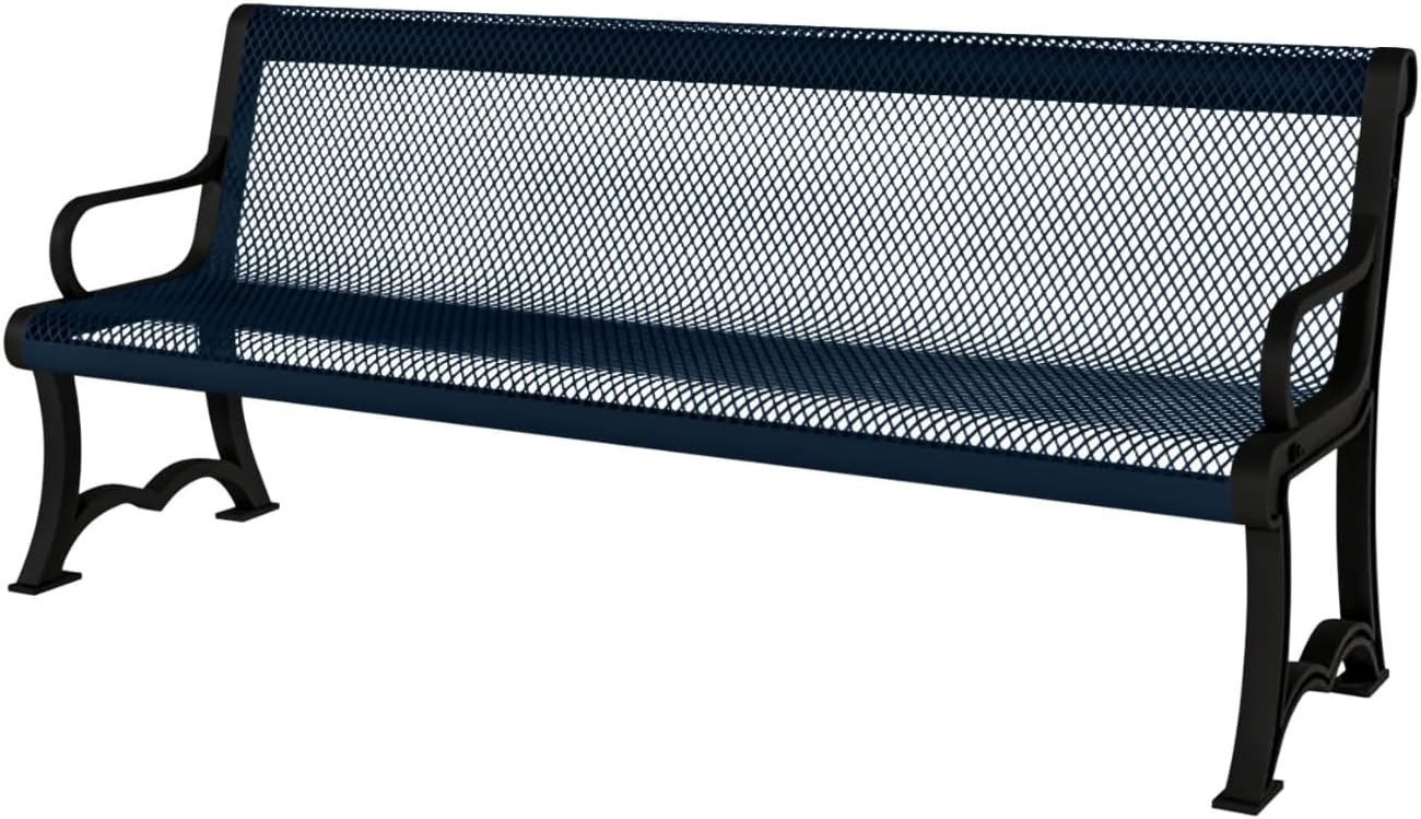 Coated Outdoor Furniture Heavy-Duty Outdoor Bench Thermoplastic Coated, Expanded Metal, Commercial-Grade Garden Bench, Made in America (Portable with Back, 4 Ft, Dark Blue)
