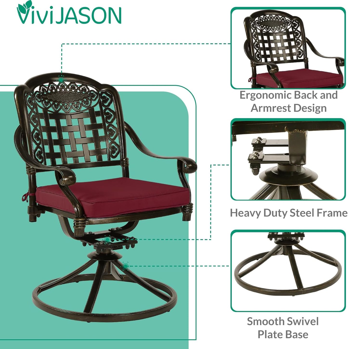 VIVIJASON 3-Piece Patio Bistro Set, Outdoor All-Weather Cast Aluminum Furniture Dining Set, Include 2 Swivel Chairs and 31" Round Table w/Umbrella Hole for Balcony, Lawn, Garden (Red Cushion)
