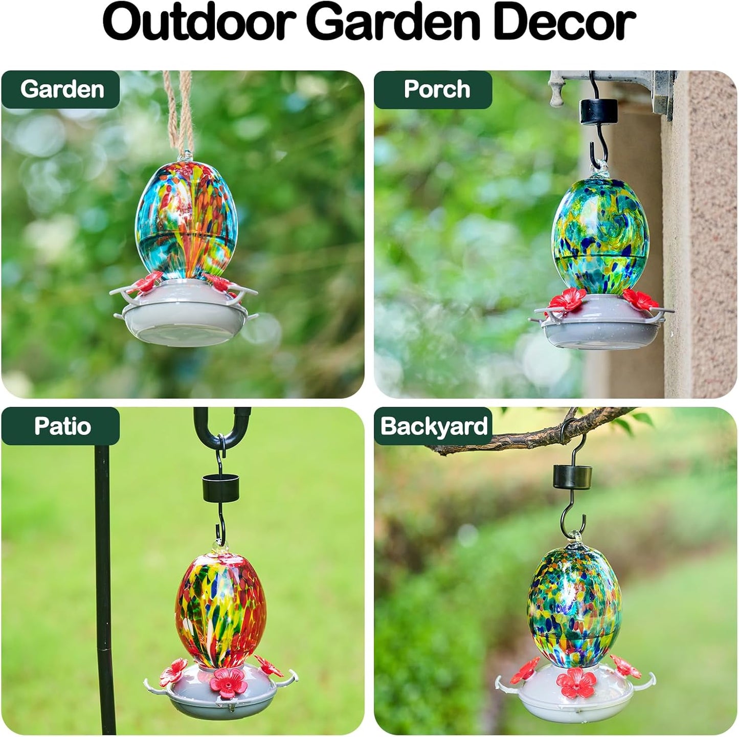 Muse Garden Hand Blown Glass Hummingbird Feeder - 19OZ Plastic Base Humming Bird Feeders for Outdoors Hanging, Garden Decor Gifts for Bird Lovers, Blue Polka Dots
