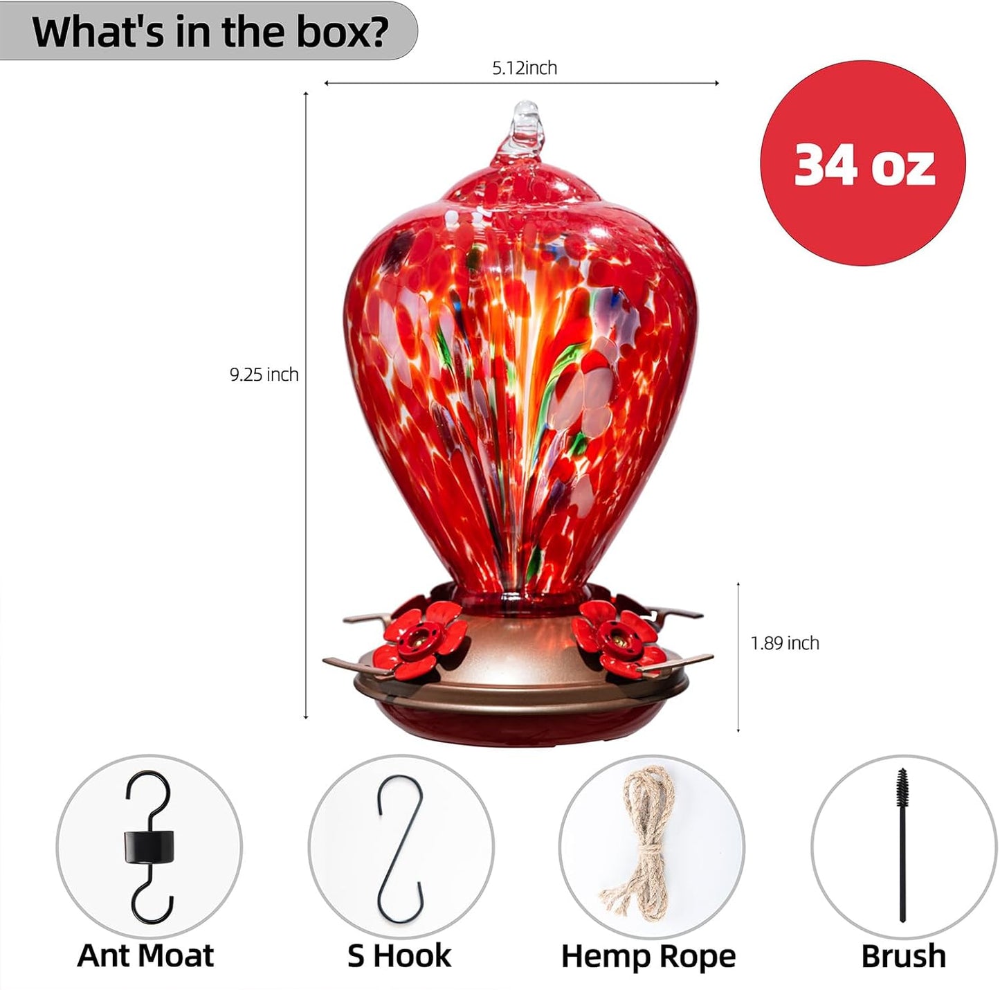 2 Packs Hummingbird Feeder for Outdoors Hanging Ant and Bee Proof, 34OZ 32OZ Hand Blown Glass Hummingbird Feeders for Outside (Red & Blue)