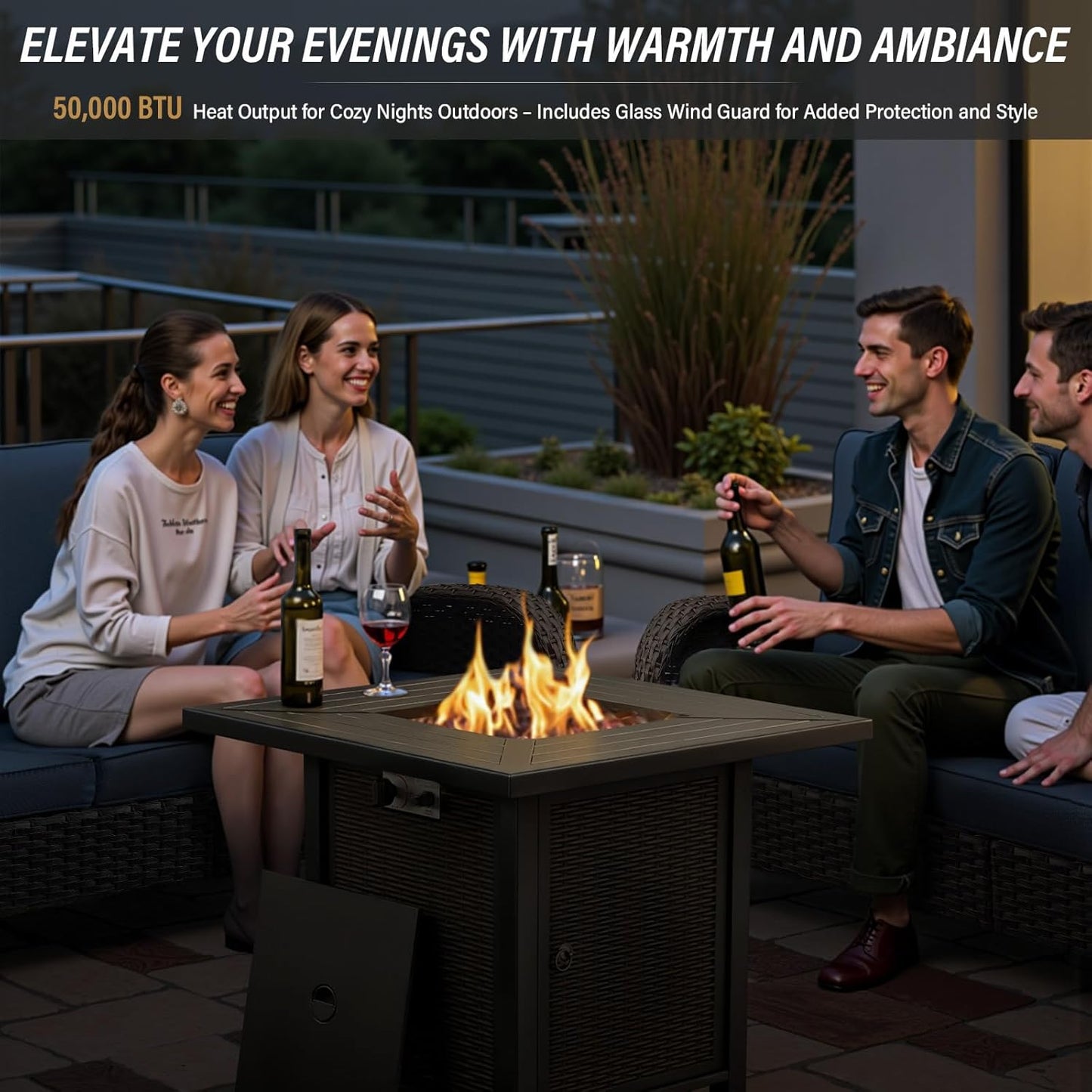 7 Pieces Patio Furniture Set with Fire Pit Table - 4 Outdoor Swivel Rocker Chairs with 50000BTU Propane Fire Table and 2 Side Table, Outdoor Conversation Set for Casual Gathering Gray
