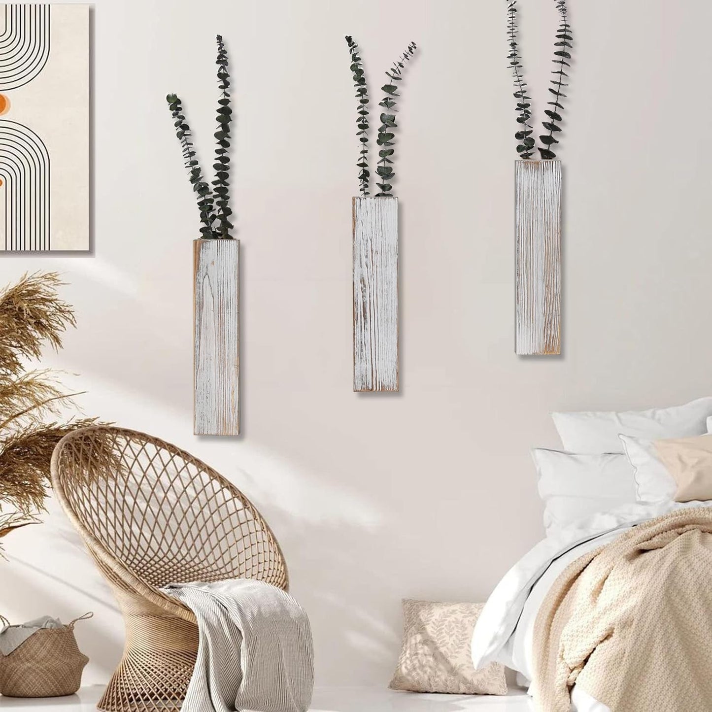 Wooden Wall Planter Set of 3 - Modern Home Decor for Living Room, Bedroom, Bathroom - Vintage Finish Planter for Dried Flowers, Faux Greenery, Indoor Plants