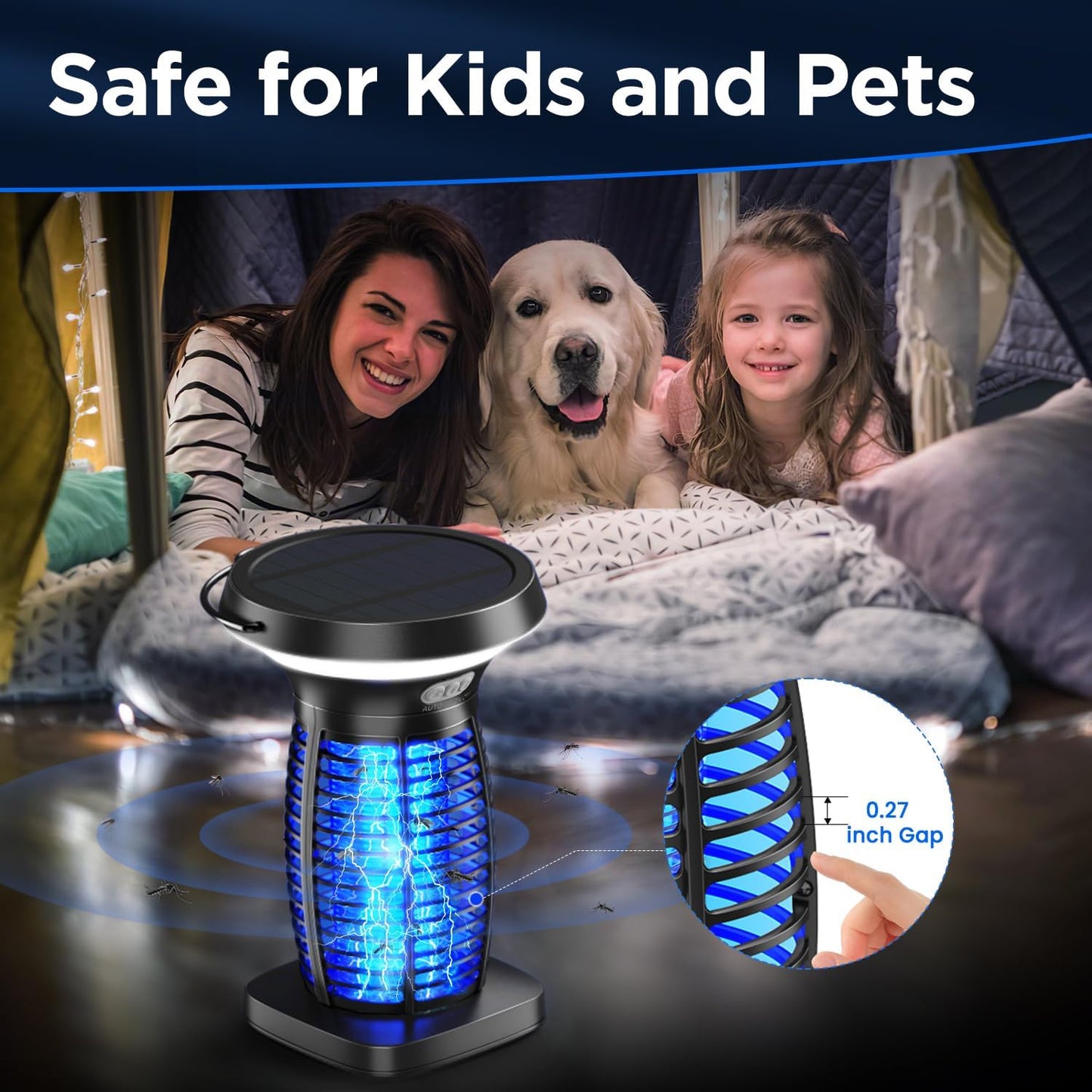 Solar Bug Zapper Outdoor Waterproof, Portable Pest Control Electric Mosquito Zapper Killer with Panel Sensor, Rechargeable Insect Trap Fly Zapper for Home, Patio, Backyard, Camping