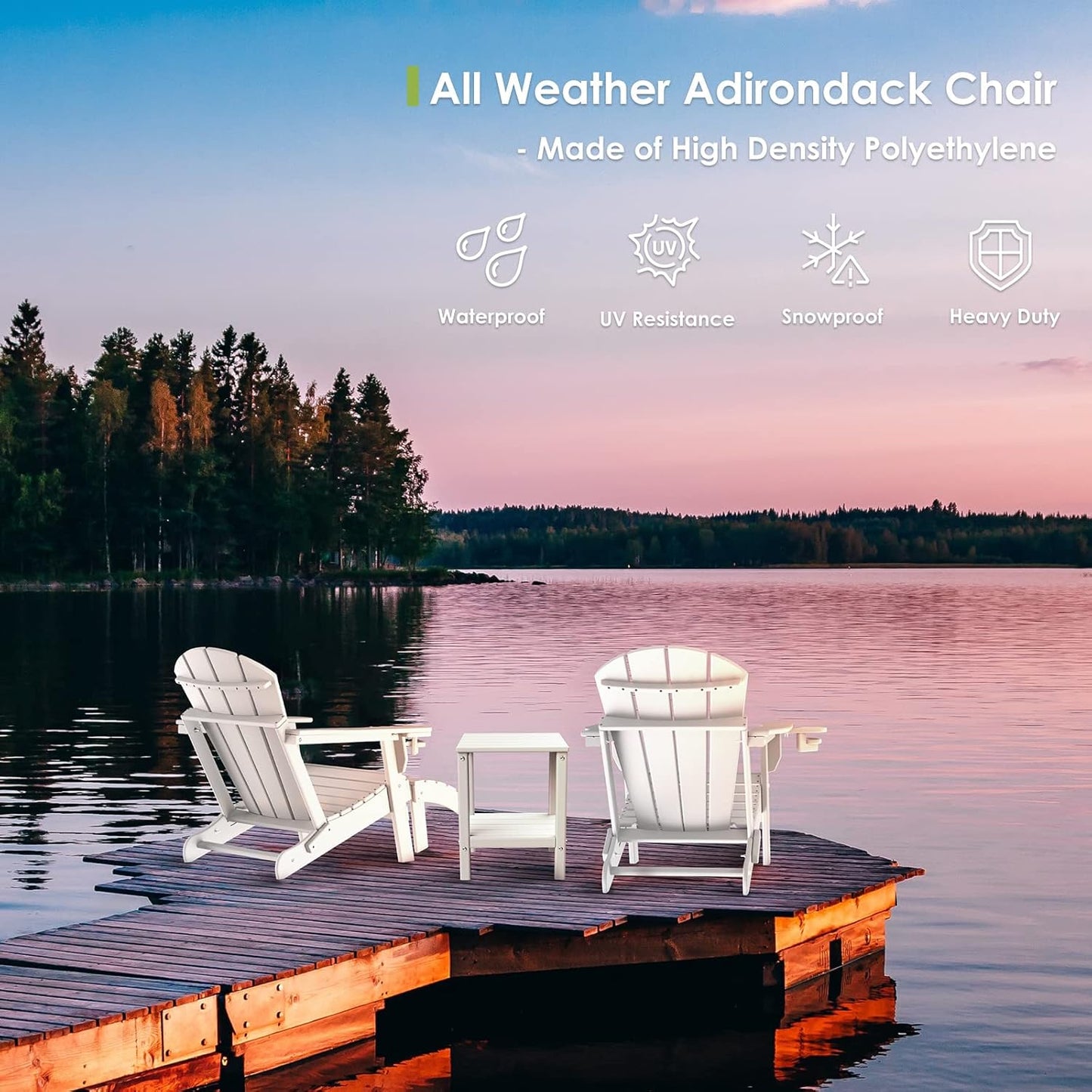 GREENVINES Folding-Adirondack-Chairs-Set-of-2 | HDPE Plastic | Fire Pit Chair | All Weather | Cup Holder | White | for Deck Backyard Patio Outdoor Garden