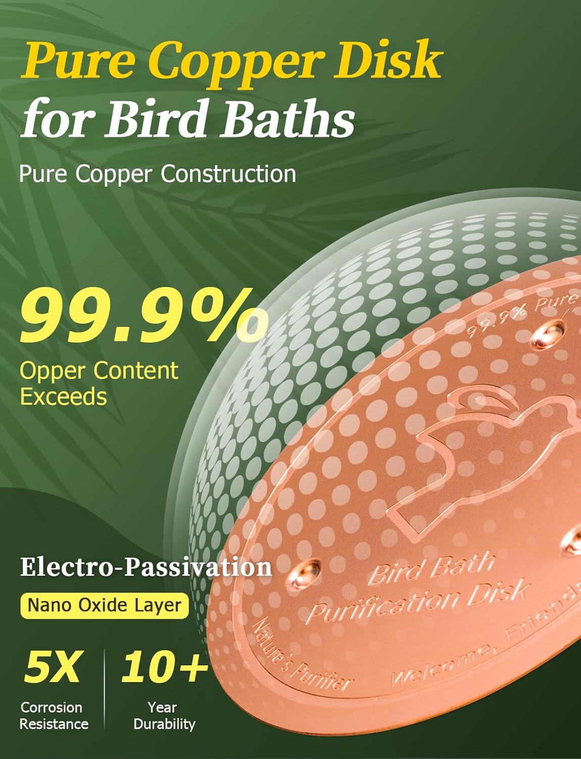 Mellbree Bird Bath Copper Disk, 0.6mm Reinforced 99.99% Pure Copper Cleaning Disk with Triple-Point Support for Physical Safe Clean Water All-Season, Universal Fit for Outdoor Birdbaths, Bowl