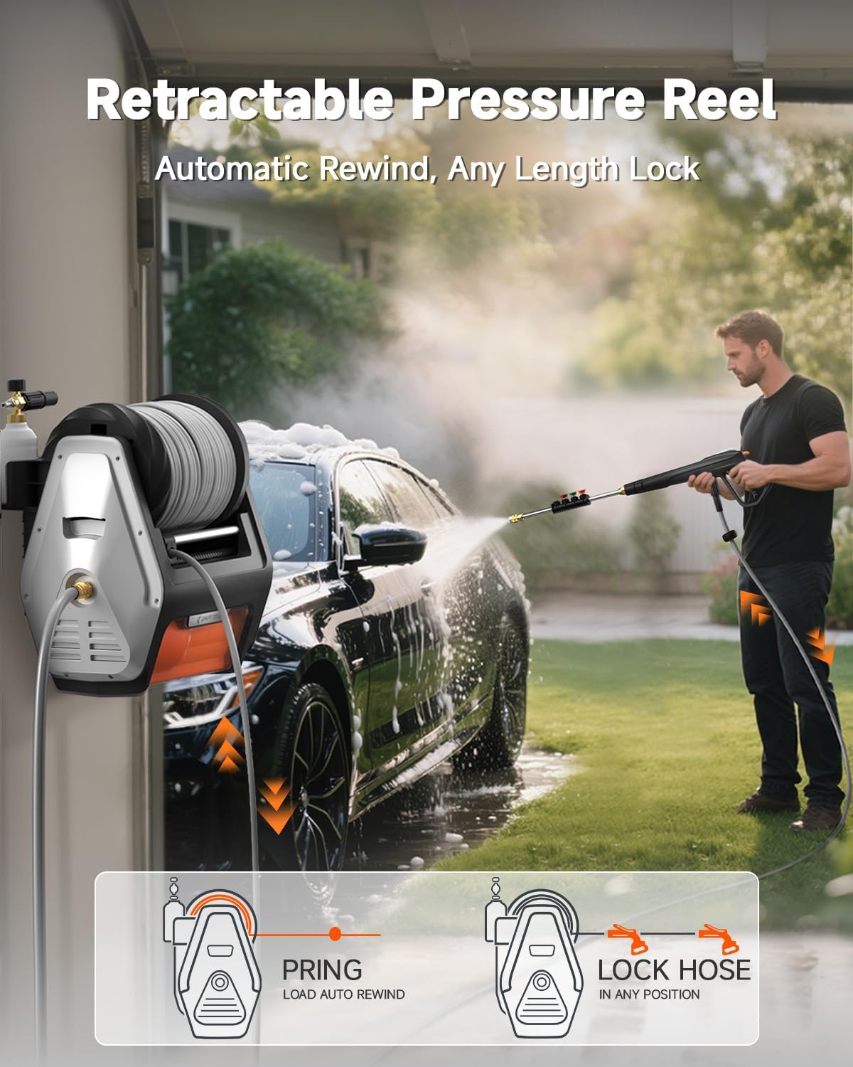 Giraffe Tools Wall Mount Pressure Washer PRO with Max 3700PSI 1.6 GPM, Upgraded 1800W Brushless Motor, Electric Power Washer with 100ft Pressure Hose, 4-Nozzles, Foam Cannon, Automatic Rewind