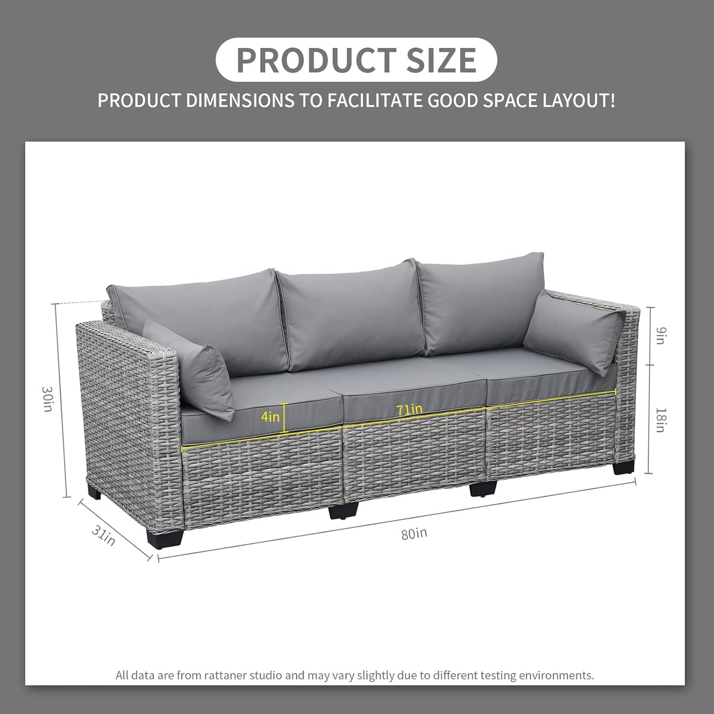 Rattaner Outdoor Furniture Outdoor Couch Grey Wicker Patio Furniture 3-seat Sofa Deep Seat Hight Backrest with Waterproof Cover and Anti-Slip Cushions, Grey