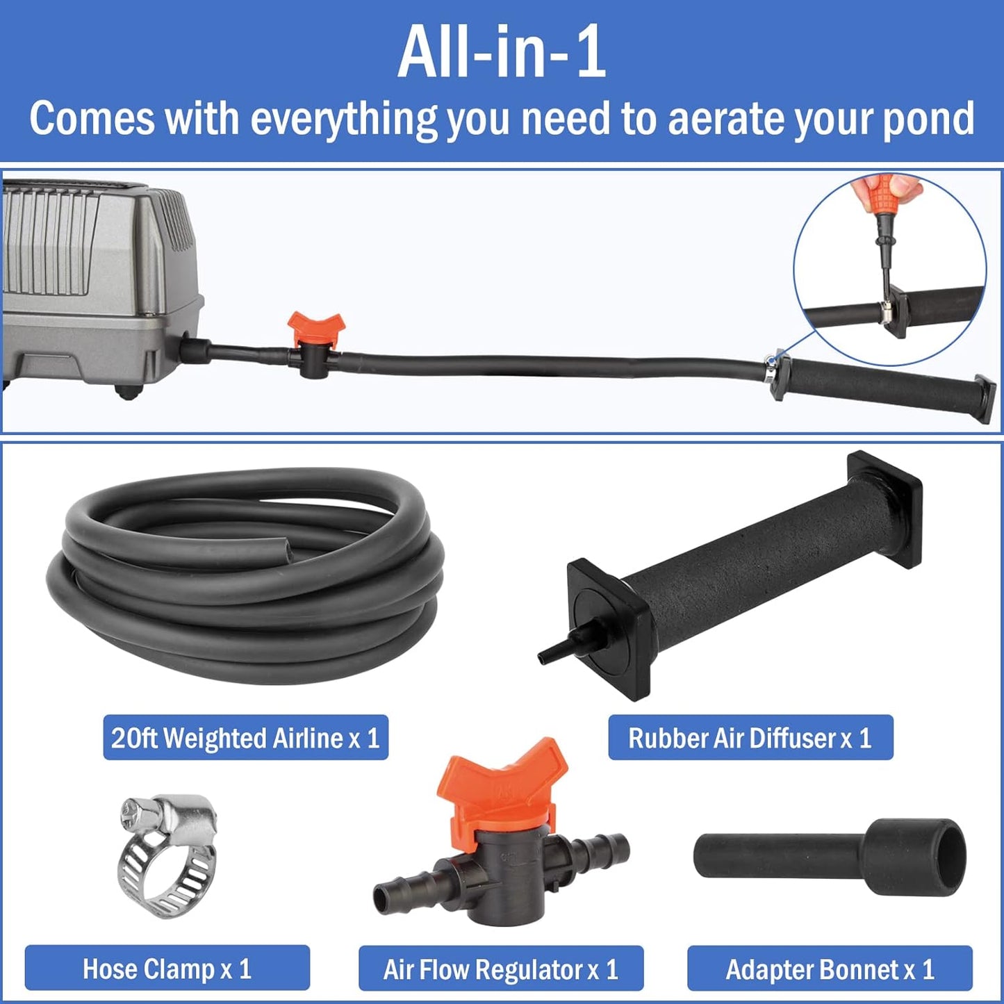 AquaMiracle All-in-One Koi Pond Aerator for Outdoor Ponds, Pond Air Pump Pond Aeration System with Self-Sinking Airline Flow Control Rubber Air Diffuser