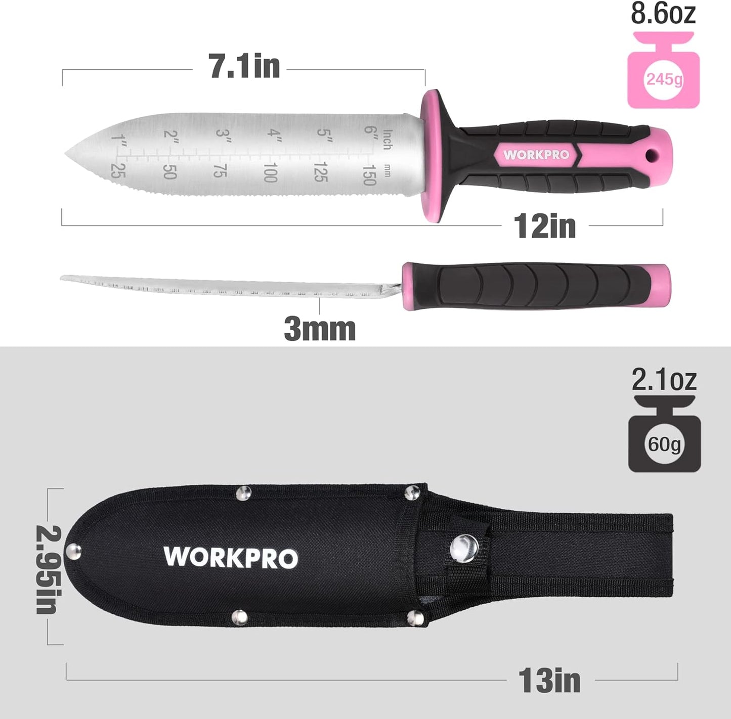 WORKPRO Hori Hori Garden Knife, 7" Stainless Steel Blade with Cutting Edge, Garden Tools with Oxford Sheath, Ergonomic TRP Handle with Hanging Hole for Weeding, Planting, Digging, Pink