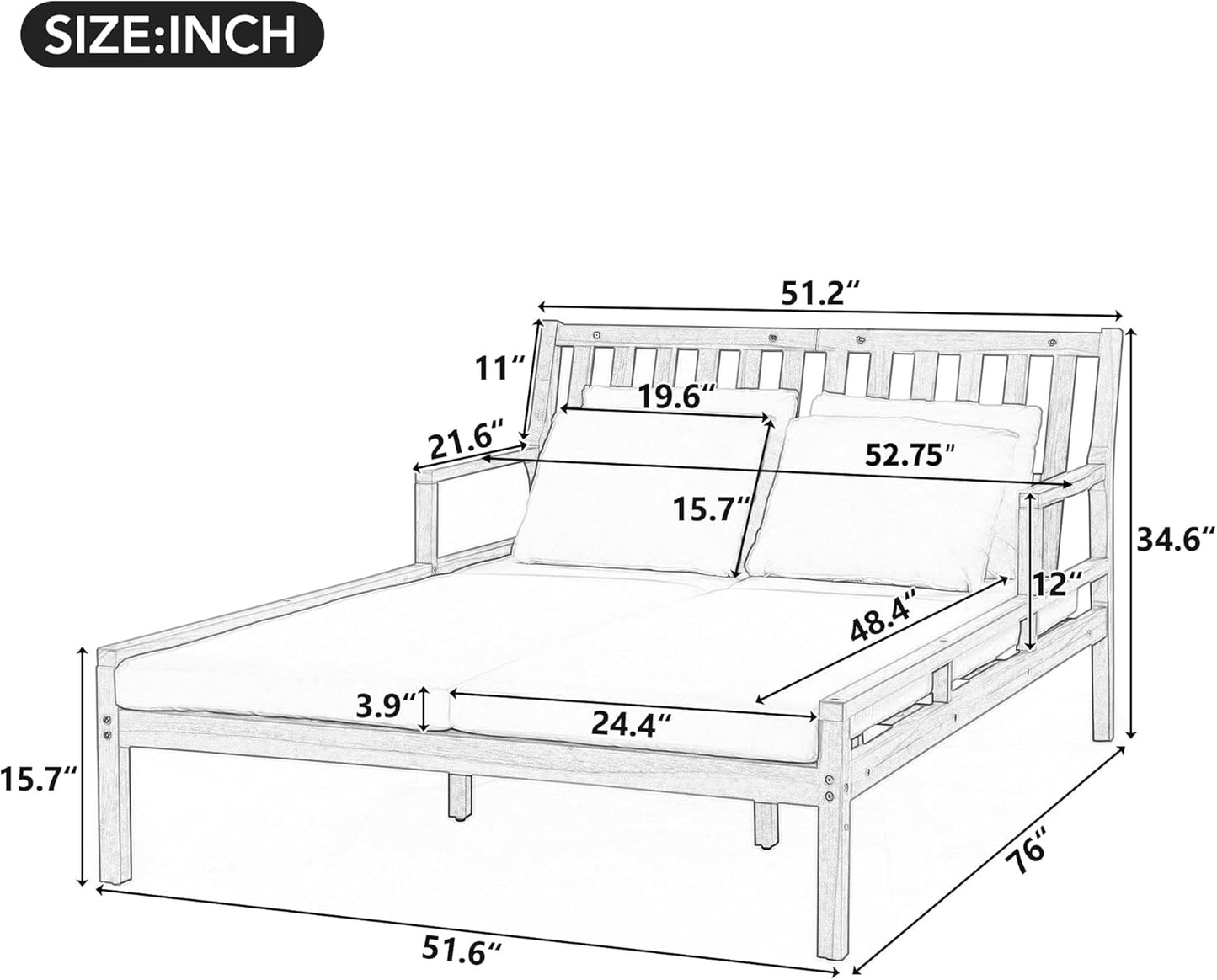 Merax Outdoor Daybed, 3 Seater Acacia Wood Daybed, Patio Day Bed with Four Pillows, Wooden Outdoor Bed with Curved Armrests for Poolside, Backyard, Garden, Light Teak