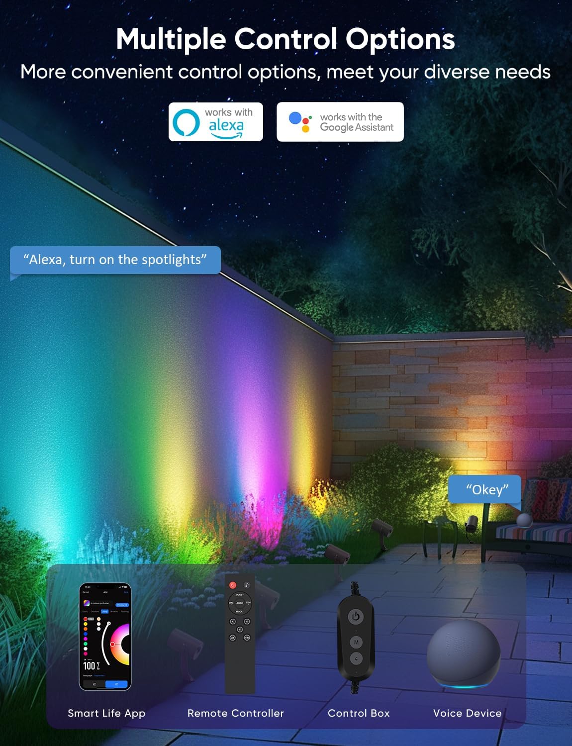 Smart Landscape Lighting Kit 36W, RGBCW Smart Landscape Lights 6 Pack, IP65 Waterproof Outdoor Spotlights, Alexa/Google Assistant Compatible, for Garden Pathway Yard Holiday Decor