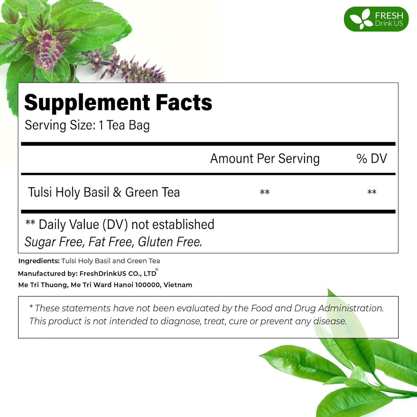 FreshDrinkUS, Premium 75 Tulsi Green Tea Bags, 100% Natural, Blend of Tulsi Holy Basil Leaves, and Green Tea Leaves. Made with Natural Material Tea Bags. No Sugar, Vegan.