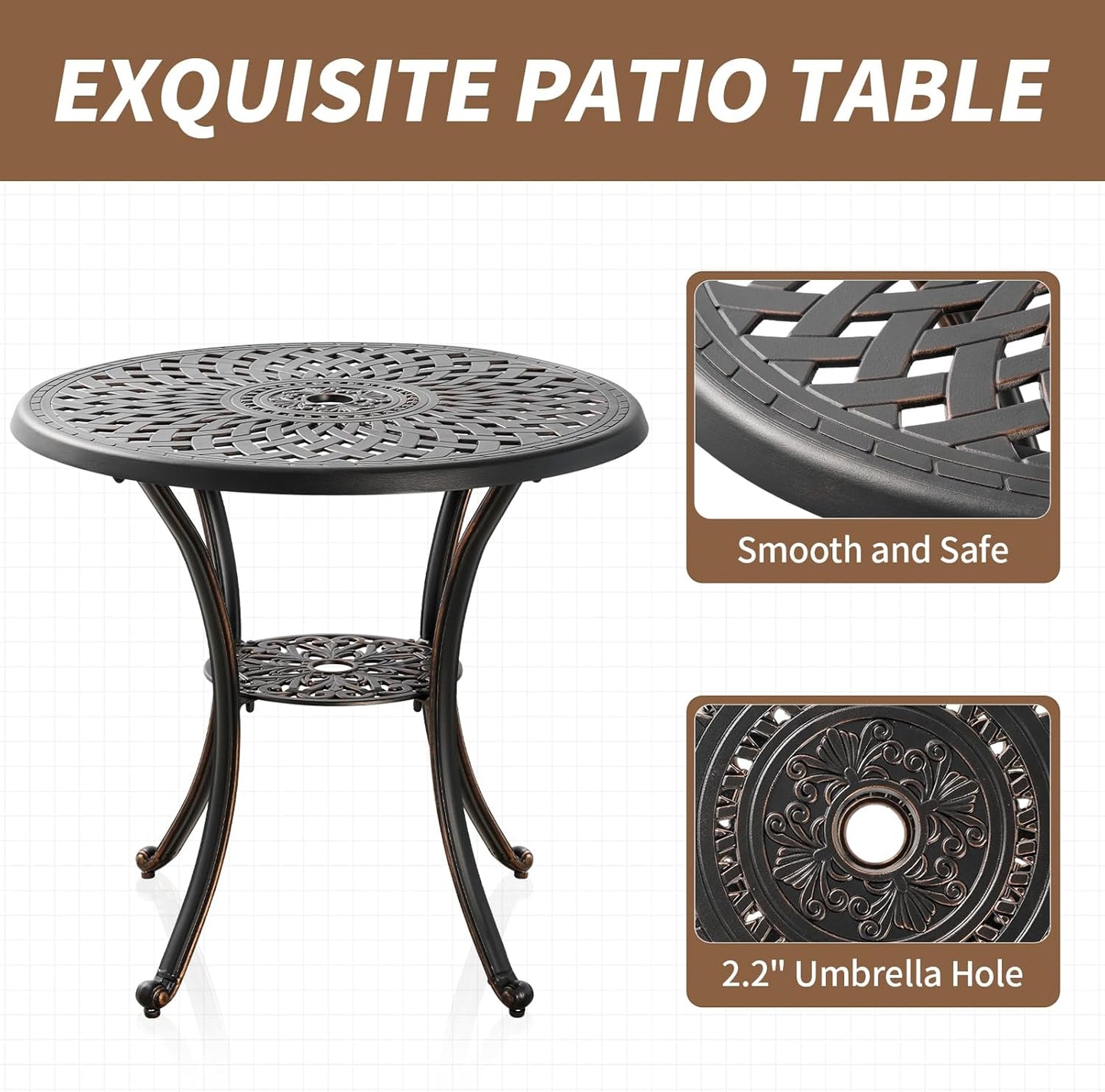 Bistro Set 3 Piece Outdoor Cast Aluminum Patio Bistro Set Patio Set Metal Bistro Table and Chairs Set of 2 with Umbrella Hole for Deck, Gardens, Bronze (Flower Backrest)
