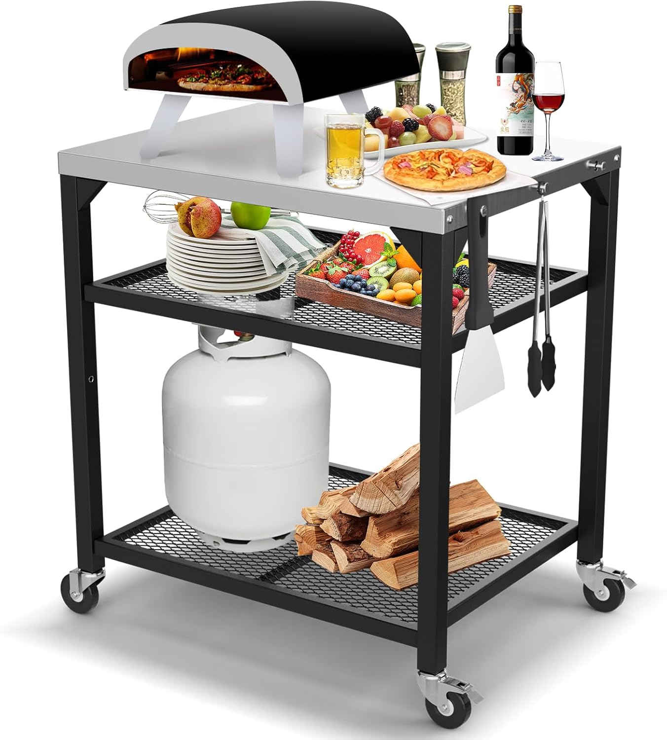Pizza Oven Table for Ooni, Ninja, Woodfire, Blackstone, Bighorn, Cuisinart, Outdoor Grill Table for Ooni Pizza Oven Accessories, Movable Pizza Oven Stand as Food Prep Cart