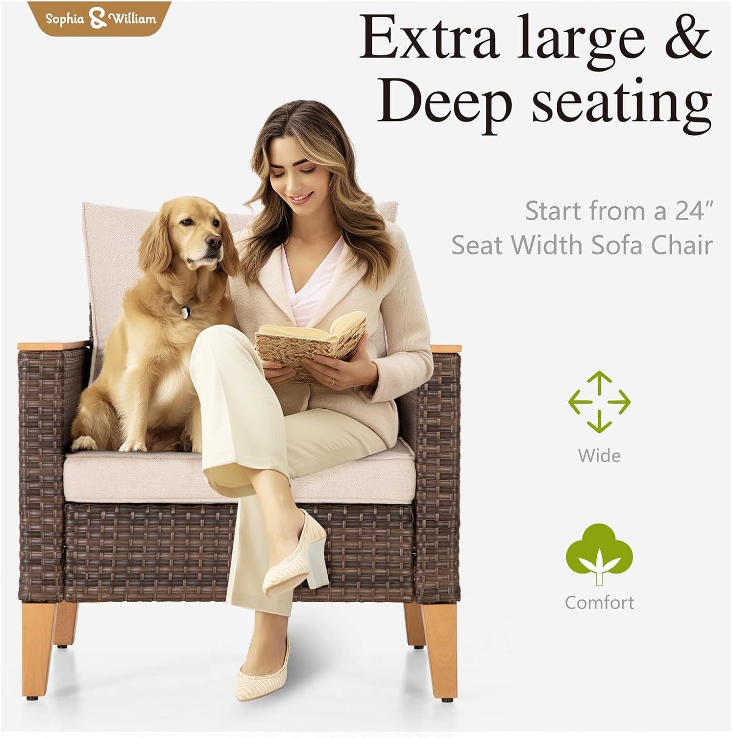 Sophia & William Patio Furniture Set with Fire Pit Table, 9 Piece Half Moon Outdoor Wicker Sectional Sofa Set, Rattan Conversation Set with 56-Inch Fire Pit Table & Ottoman (Beige)