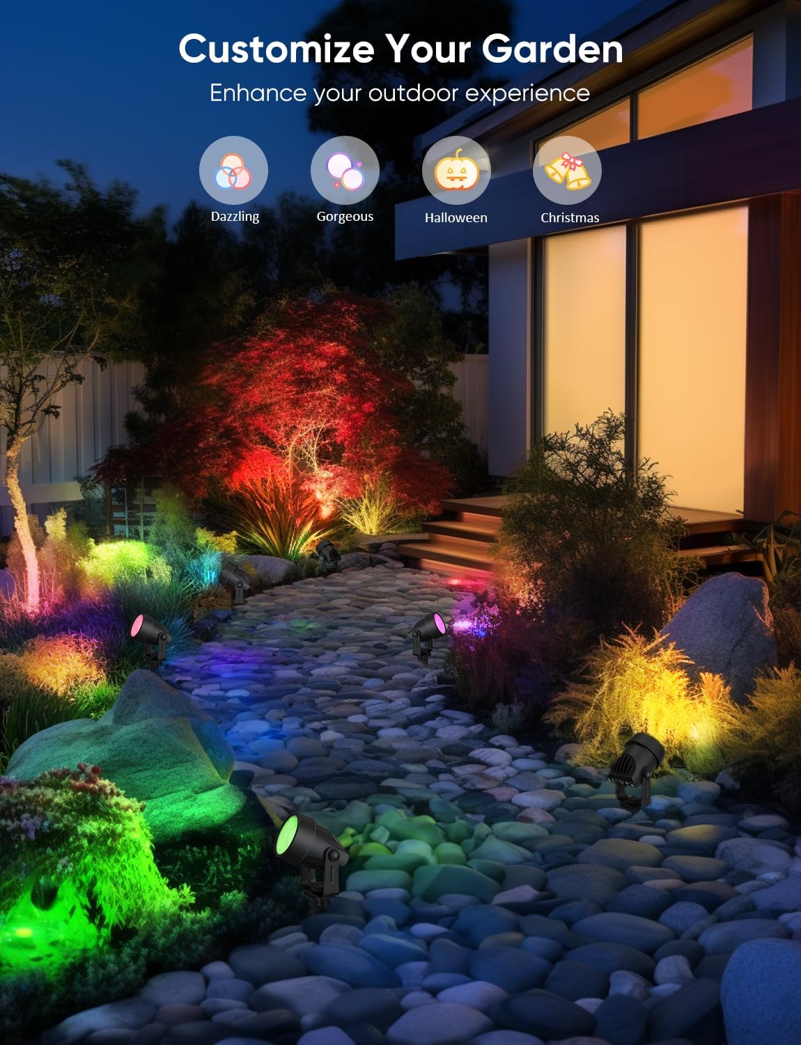 Spot Lights Outdoor, RGBW Low Voltage Landscape Lighting, Color Changing Uplighting Spotlights with App, IP65 Waterproof LED Outdoor Lights for Garden Yard Outside Decoration, 6 Pack