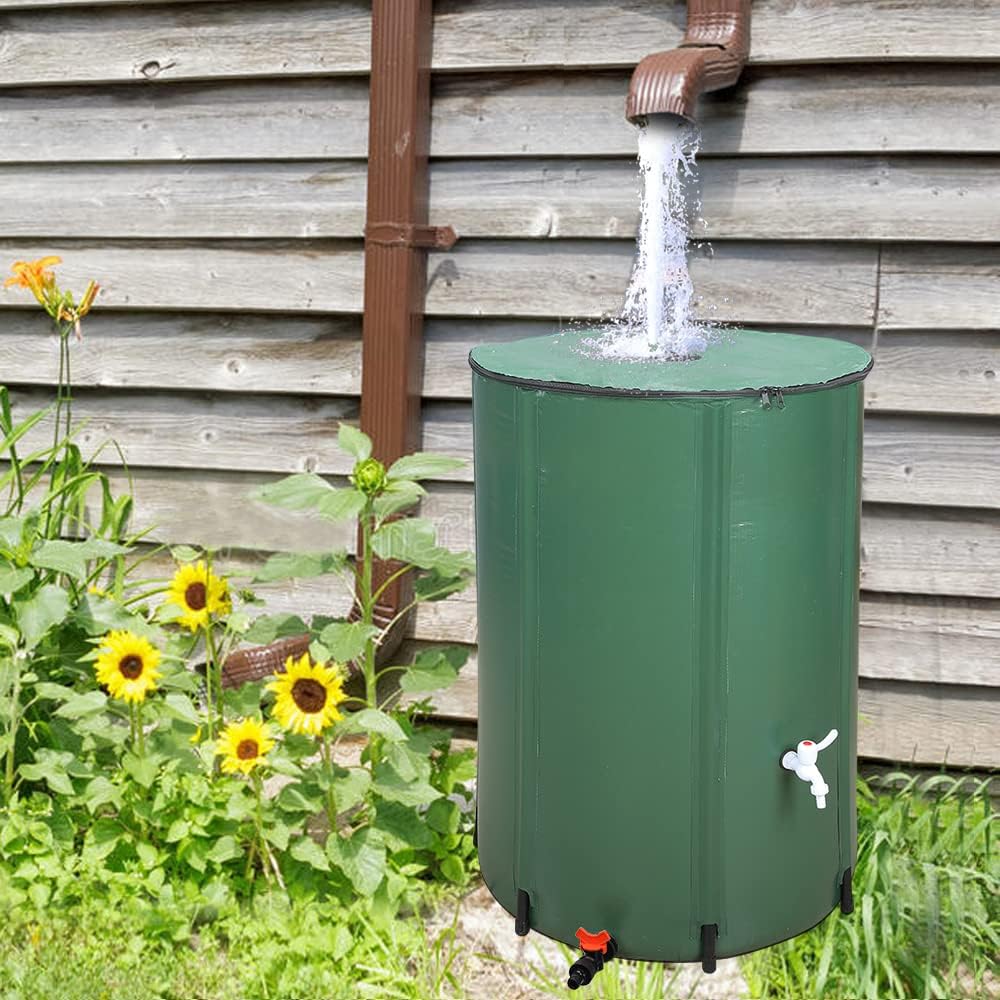 132 Gallon Collapsible Rain Barrel, Water Storage Tank, Portable Rainwater Collection System, Rain Catcher Barrel with Two Spigots and Overflow Kit, Rain Water Barrel Collector for Garden, Green