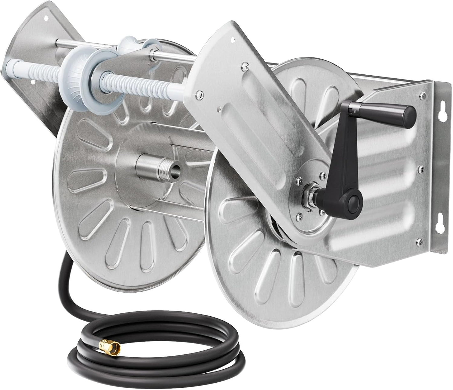 GREENER Stainless Steel Hose Reel for Outside,Wall Mount Garden Hose Holder Heavy Duty Metal Reel, 3/4" Solid Connector with 5/8" Inlet Hose and Crank,100-Feet 5/8" Hose Capacity