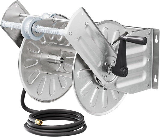 GREENER Stainless Steel Hose Reel For Outside,Wall Mount Garden Hose Holder Heavy Duty Metal Water Hose Reel, 3/4" Solid Connector with 5/8" Inlet Hose and Crank,80-Feet 1/2" Capacity