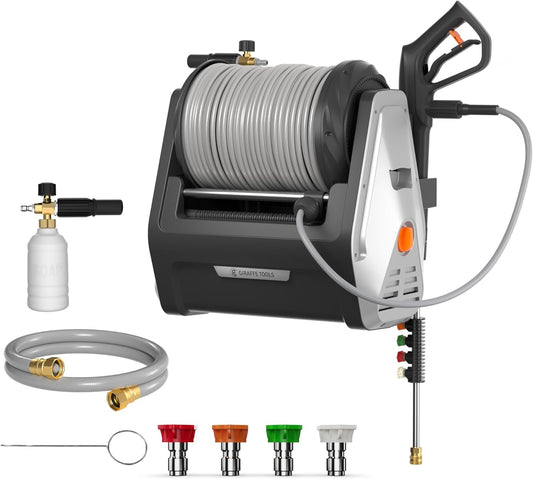 Giraffe Tools Wall Mounted Pressure Washer with 100ft Detachable Hose, Max 2900 PSI 2.2 GPM Electric Power Washer with 1800W Motor, Automatic Rewind, Any Length Locky