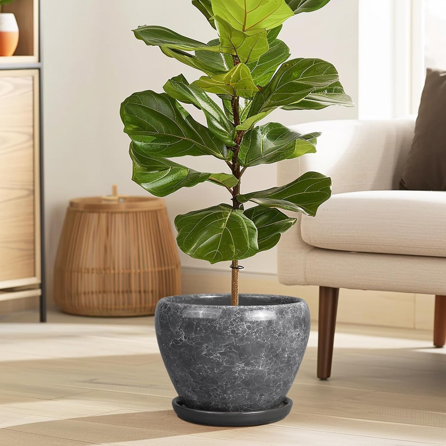 8 Inch Plant Pot - Ceramic Planter Pot with Drainage Hole and Saucer, Glaze Garden Pot Modern Flower Pot for Indoor Plants, Gray