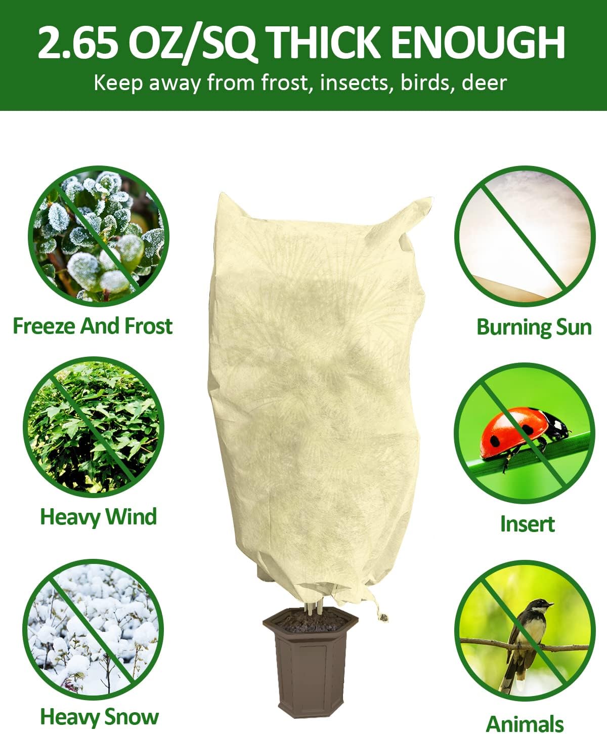 EAONE 12 Pack Plant Covers Freeze Protection, 32x47'' Winter Frosts Cloth for Outdoor Plants, Reusable Frost Blankets Drawstring Bags for Cold Freeze Sun Protection Bird Insect Prevention,Beige