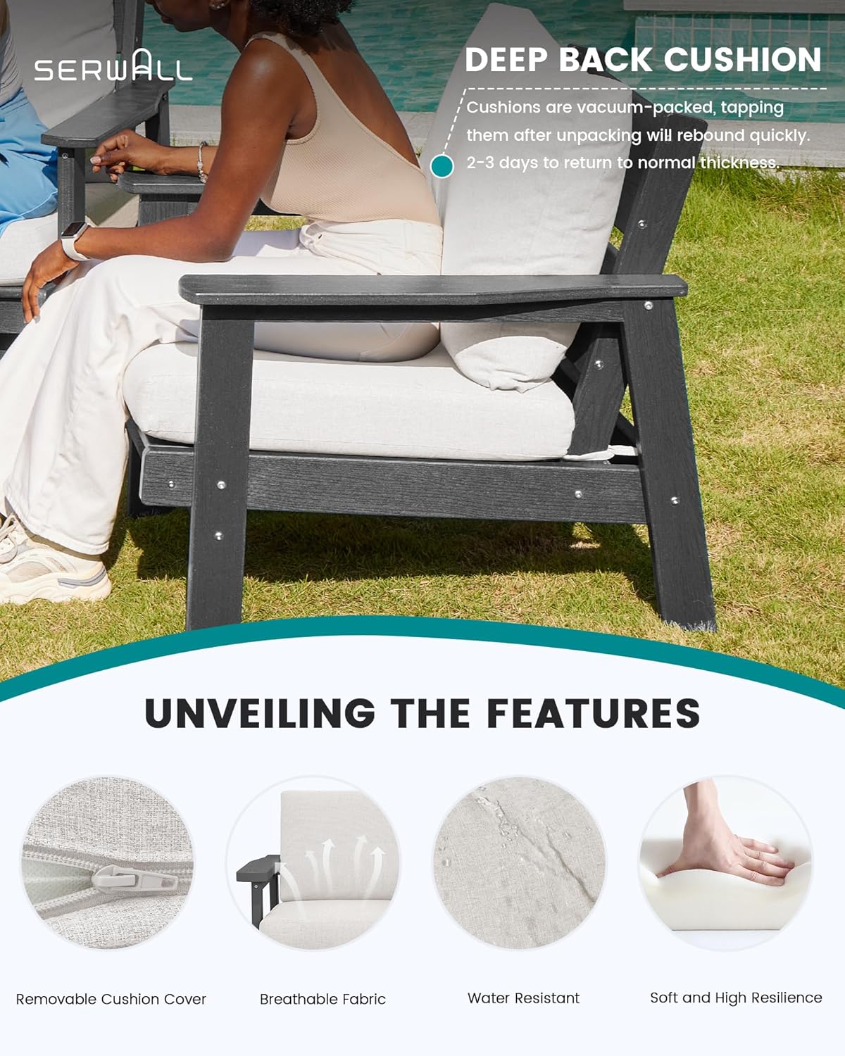 SERWALL Outdoor Patio Furniture Set, 5 Piece HDPE Patio Conversation Sets, All-Weather Wood-Like Outdoor Couch Loveseat and Coffee Table with Thick Cushions for Porch Balcony Garden Backyard