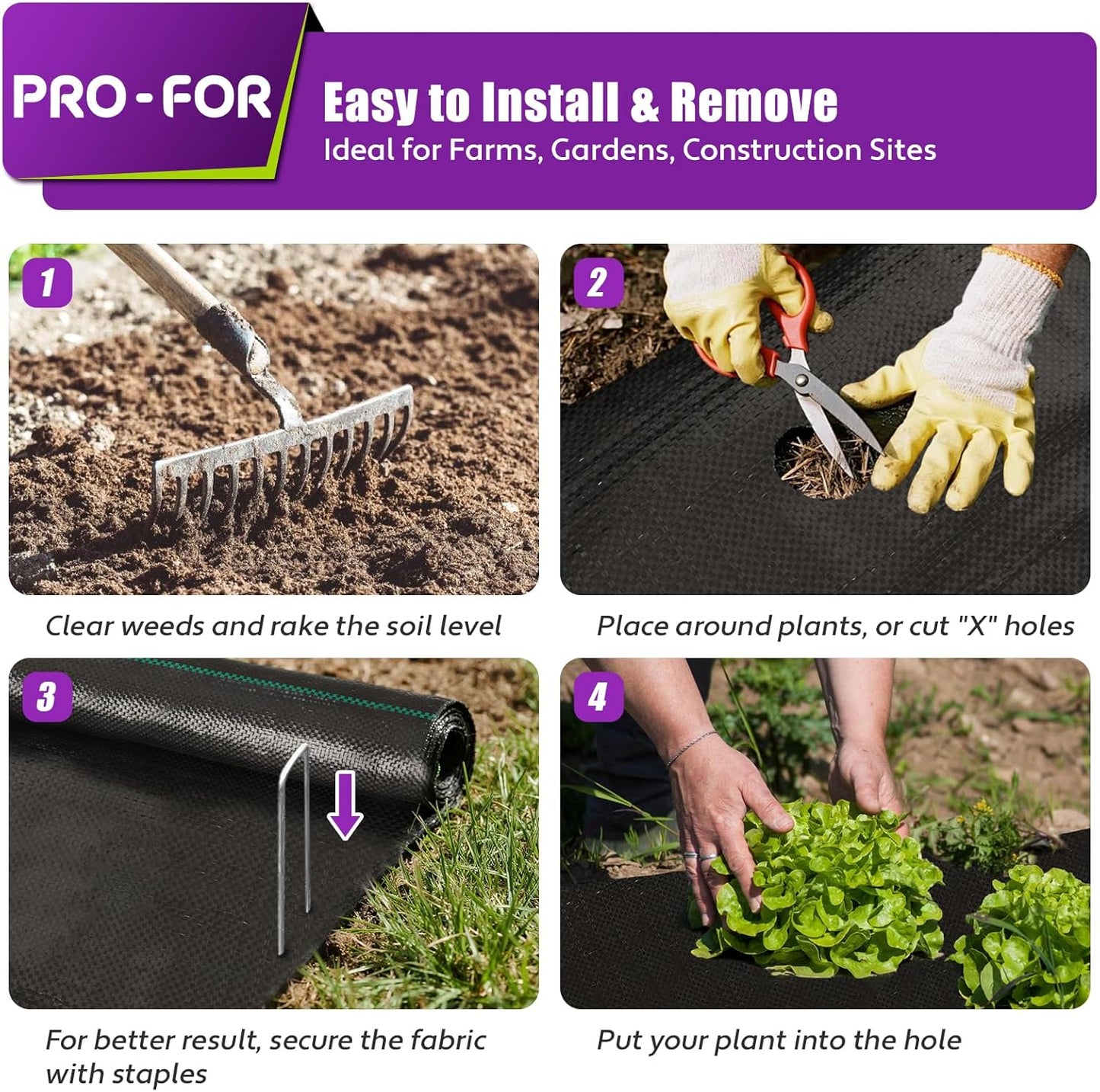 Heavy Duty Weed Barrier Fabric 3ft x 50ft, Landscape Ground Cover for Gardens & Driveways, Premium Weed Control with 10 U Shaped Staples