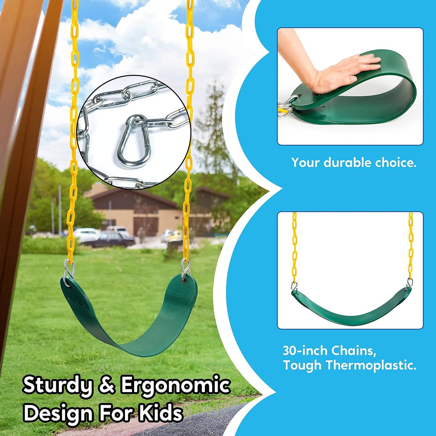 TURFEE 2 Pack Green Swing Seats Heavy Duty with 66" Chain, Swing Set Accessories Replacement with Snap Hooks for Kids Outdoor Play Playground, Trees, Playground(Green)
