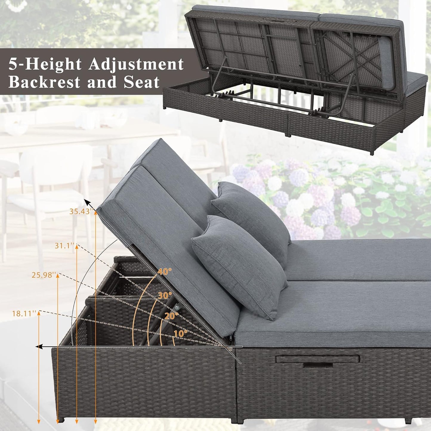kevinplus Outdoor Daybed Patio Sunbed, Wicker Rattan Patio Reclining Chairs with Adjustable Backrest and Seat & Foldable Cupholder for Garden Poolside Balcony, Gray