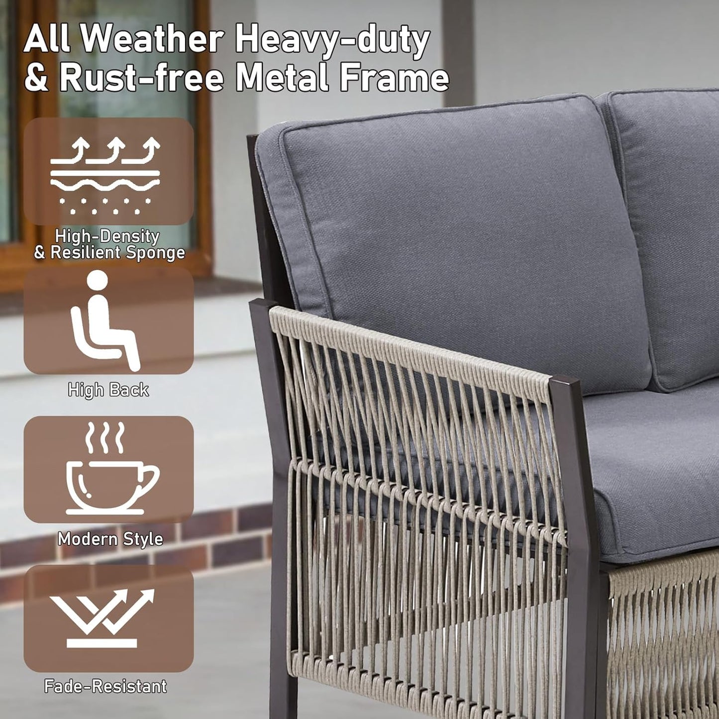 Patio Furniture Wicker Rope Outdoor Conversation Set, 9-Piece All Weather Patio Furniture Rattan Sofa Sets w/Swivel Rocking Chairs & Ottomans, Side Table for Backyard, Balcony, Deck, Gray