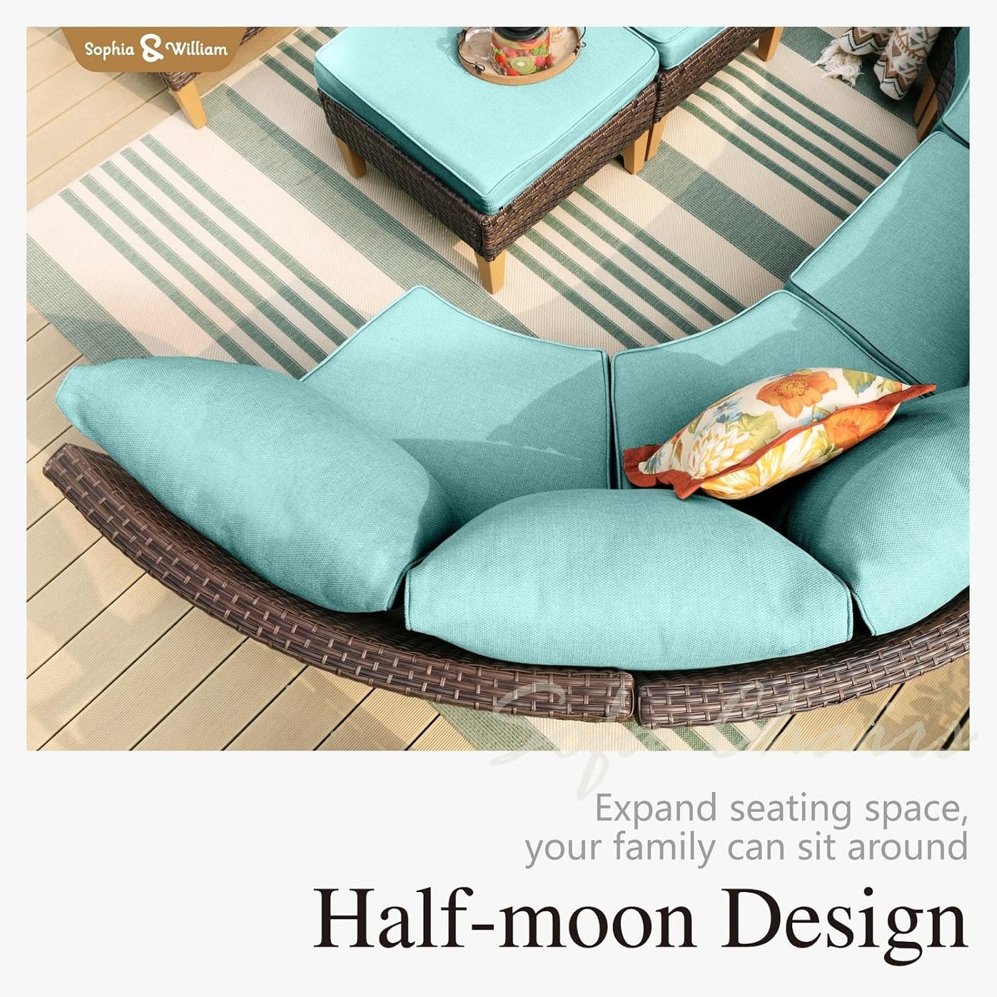 Sophia & William Patio Furniture Set with Fire Pit Table, 6 Piece Half Moon Outdoor Wicker Sectional Sofa Set, Rattan Conversation Set with 56-Inch Fire Pit Table for Backyard, Deck, Pool(Aqua Blue)