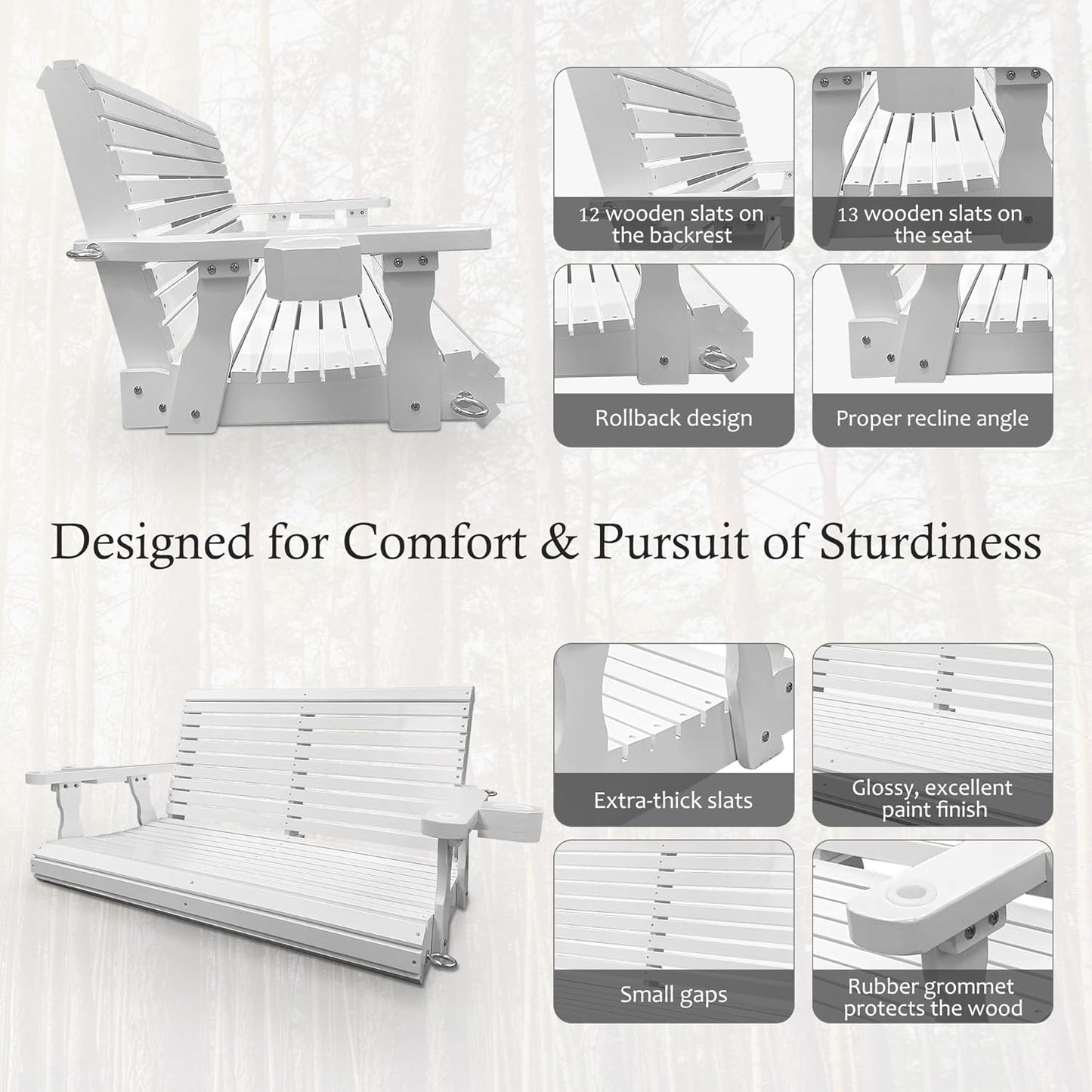 Wooden Porch Swing 2-Seater, Bench Swing with Cupholders, Hanging Chains and 7mm Springs, Heavy Duty 800 LBS, for Outdoor Patio Garden, Pure White, 4 FT Extra Large