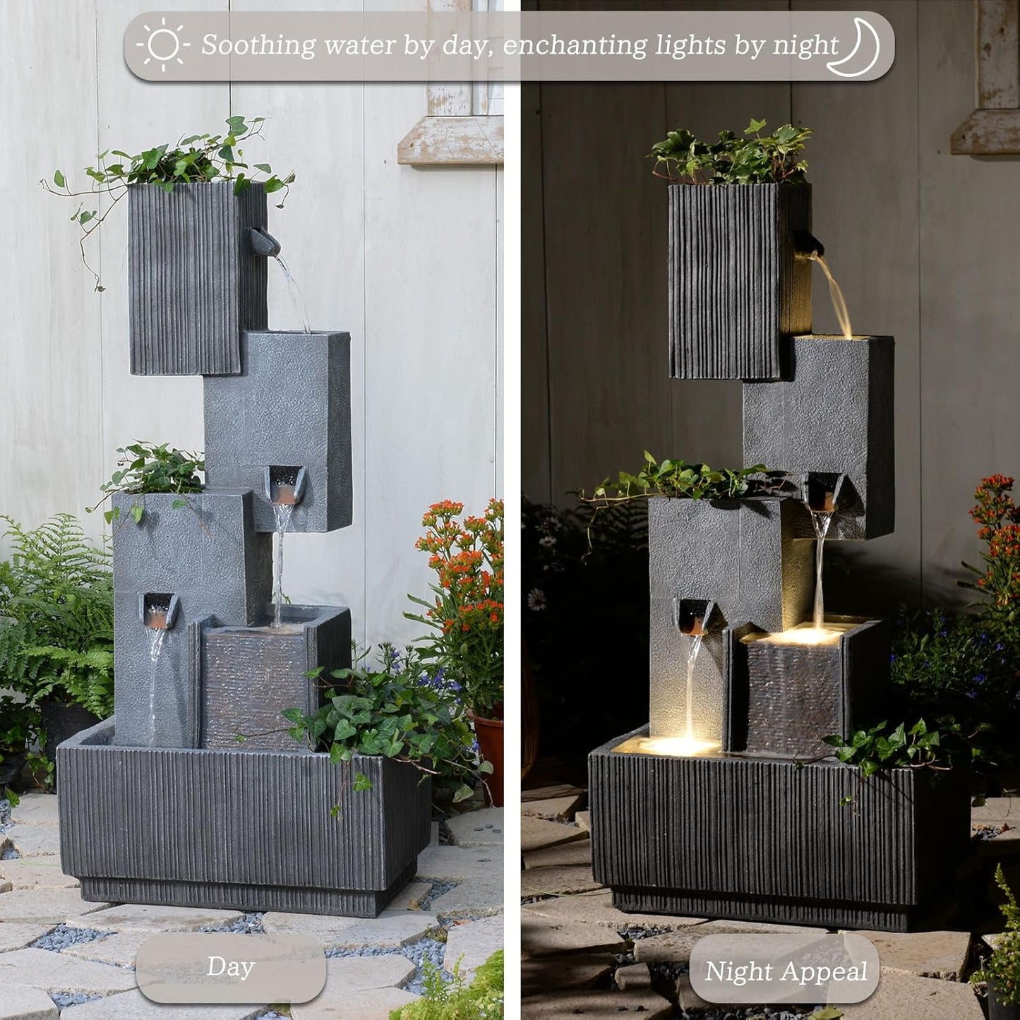 Outdoor Waterfall Fountain with LED Lights – 41.3" Tiered Resin Garden Fountain for Patio, Yard, or Backyard – Weather-Resistant Design Modern Decor