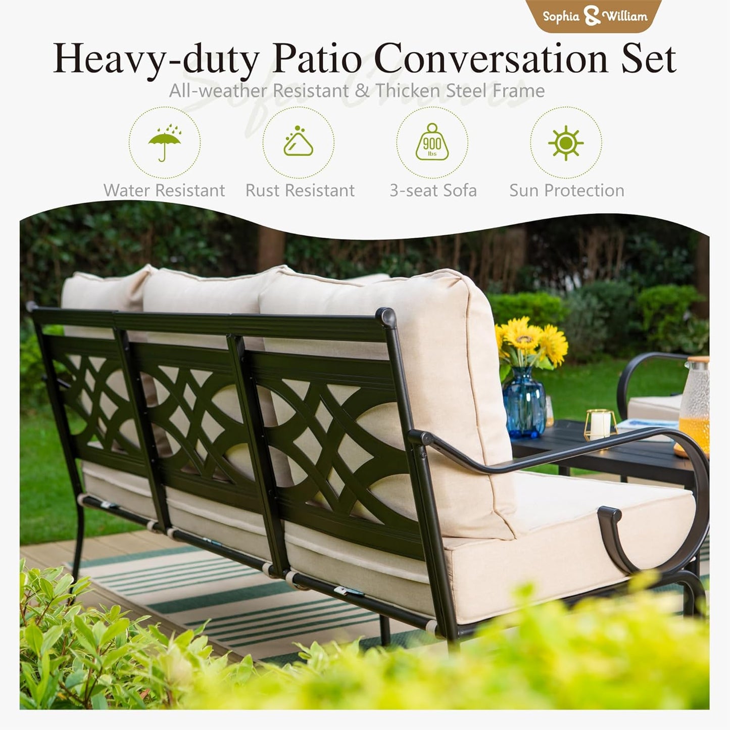 Sophia & William 6 Piece Patio Furniture Set, Outdoor Conversation Sets 7 Seat Clearance with 3-seat Sofa x 1, Rocking Chair x 4, Metal Coffee Table x 1 for Front Porch Lawn, Beige