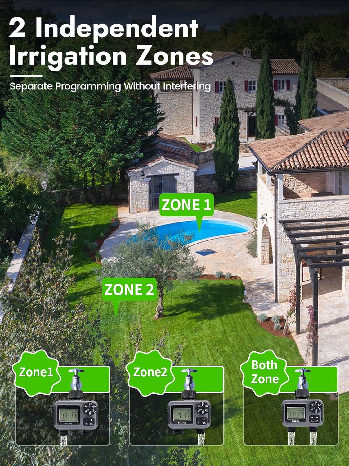 Insoma 2-Zone Sprinkler Timer, Programmable Garden Hose Timer with Auto/Manual/Rain Delay Modes | Water-Saving Irrigation Controller for Lawn, Yard & Drip Systems | Waterproof Design & Easy Setup