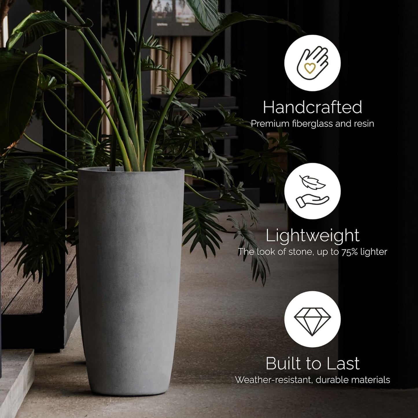 Lofto Tall Planter – Concrete Stone Finish – Fiberglass Indoor/Outdoor and Weather-Resistant Large Planter (14.6" D x 30.5" H Exterior, 13.4" D x 30.3" H Interior)