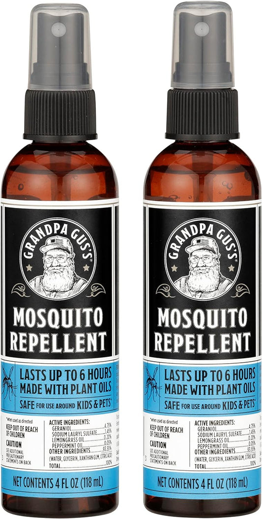 Grandpa Gus's Natural Mosquito Repellent Spray, Time-Release Plant-Based Actives, Non-Greasy, No Stains, DEET-Free, 4 oz (Pack of 2)