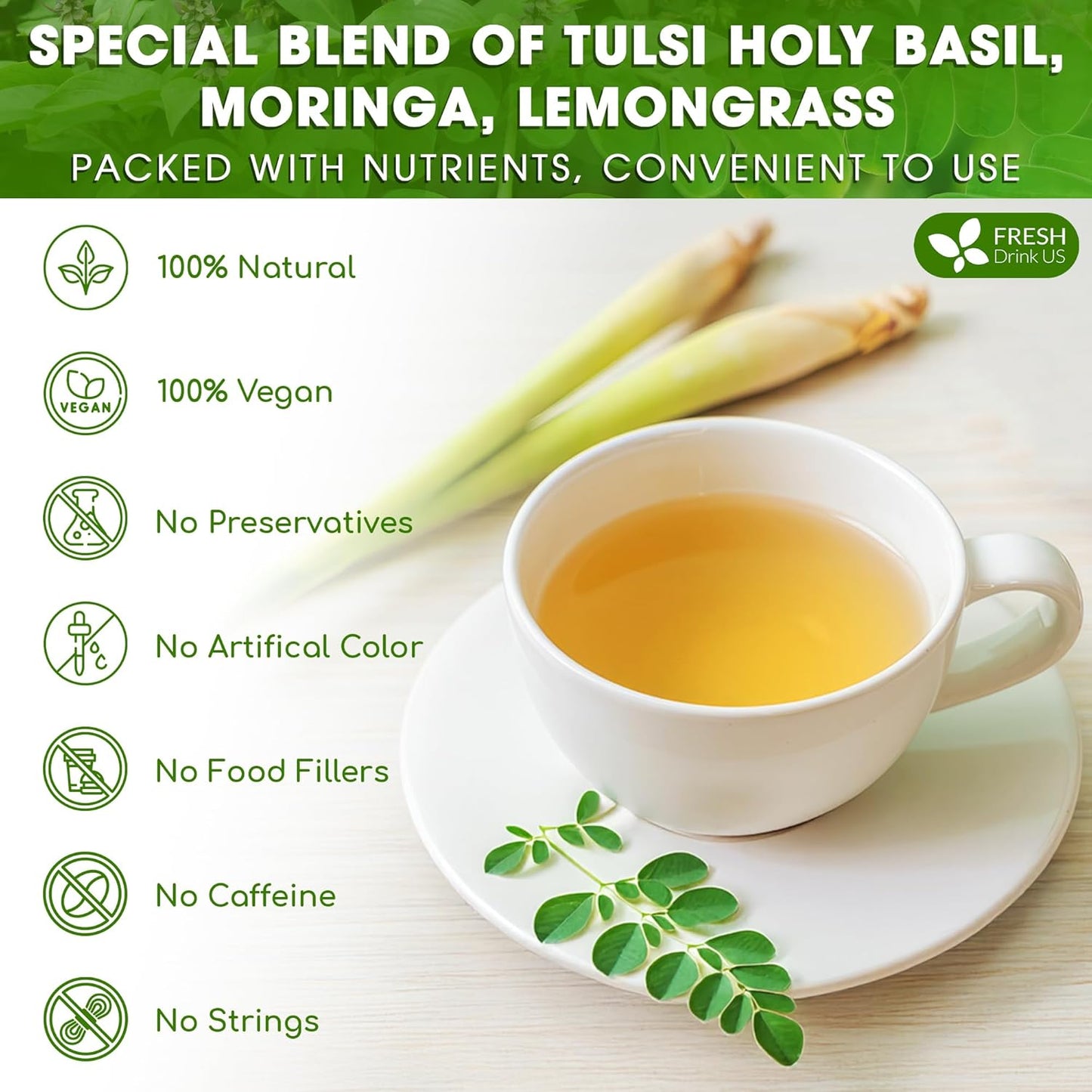FreshDrinkUS, Premium 30 Tea Bags Tulsi Moringa Lemongrass, 100% Natural & Pure from Tulsi Holy Basil Leaves, Moringa & Lemongrass. Made with Natural Material Tea Bags. No Sugar, No Caffeine, Vegan.