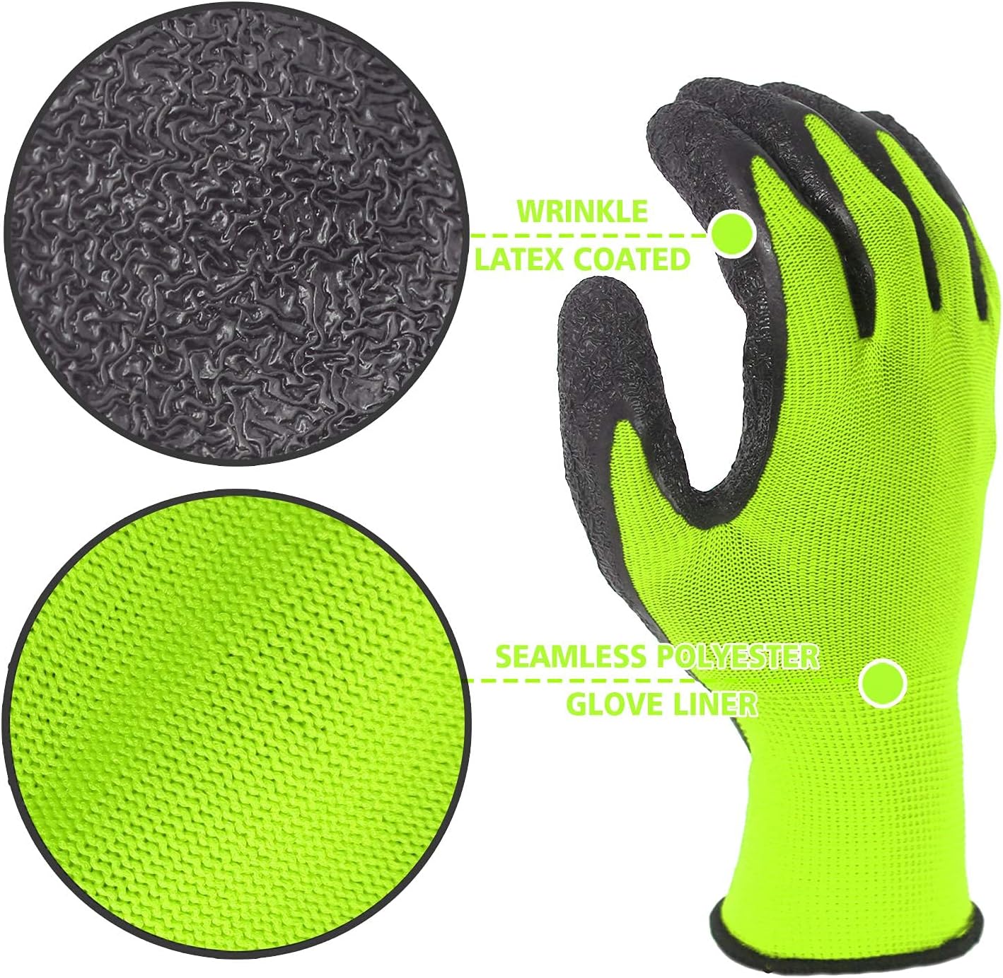 Evridwear Crinkle Latex Rubber Hand Coated Safety Work Gloves for Men Women General Multi Use Construction Warehouse Gardening Assembly Landscaping (9/L, Green- 12Pair)