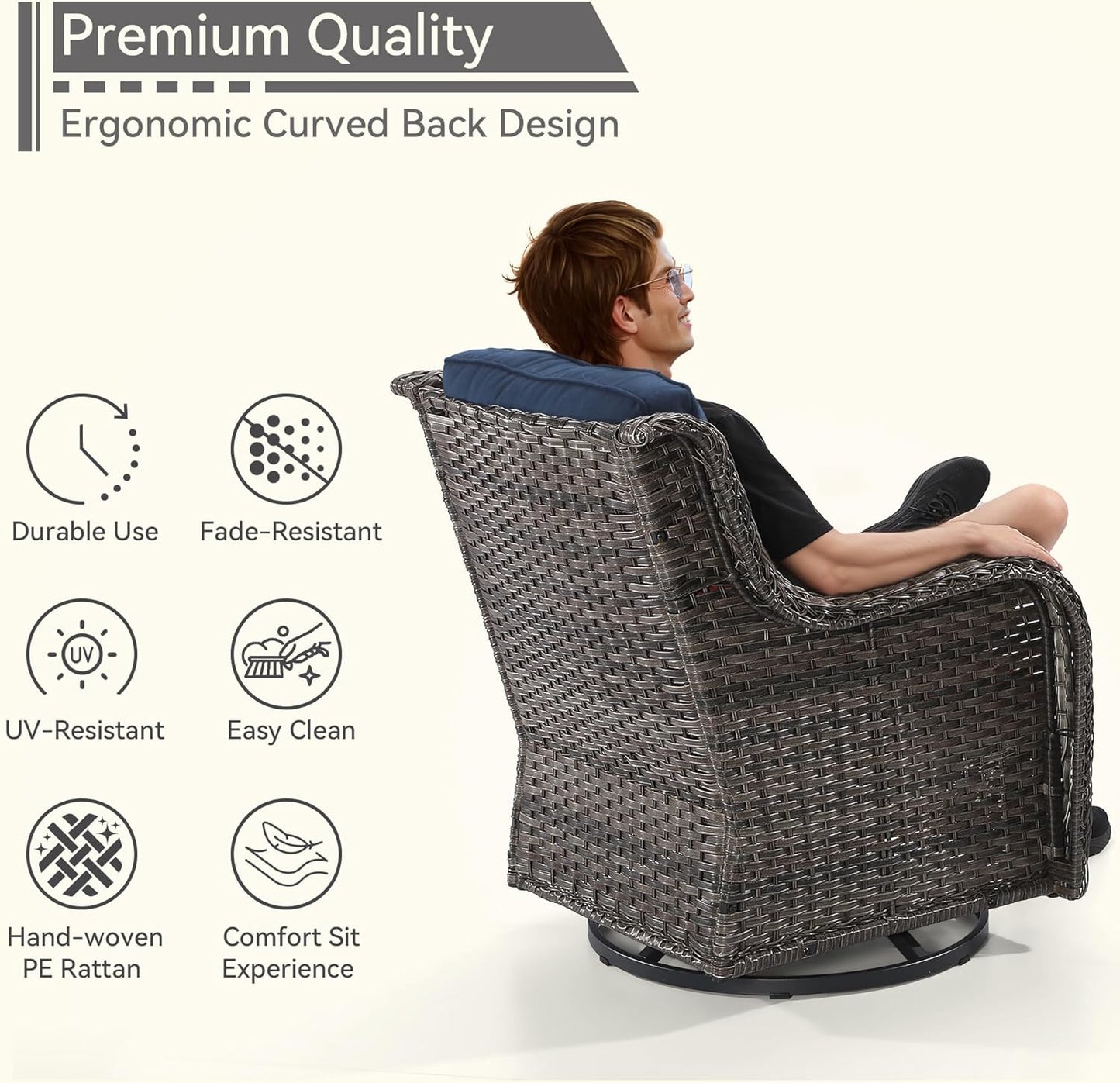 Outdoor Swivel Rocker Patio Chairs Set of 2 - Outdoor Wicker Patio Conversation Sets 2 Pieces with Olefin Fabric Cushions Suitable for Backyard Deck and Porch, Blue